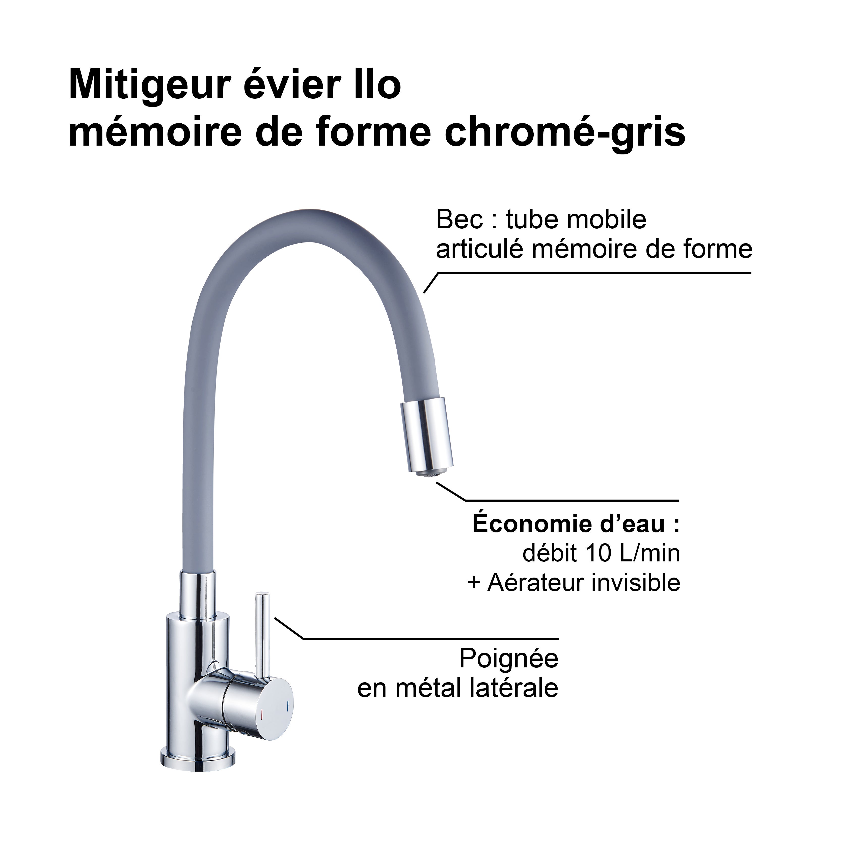 ROUSSEAU MITIGEUR EVIER ILO MEMOIRE FORME GRIS - 3