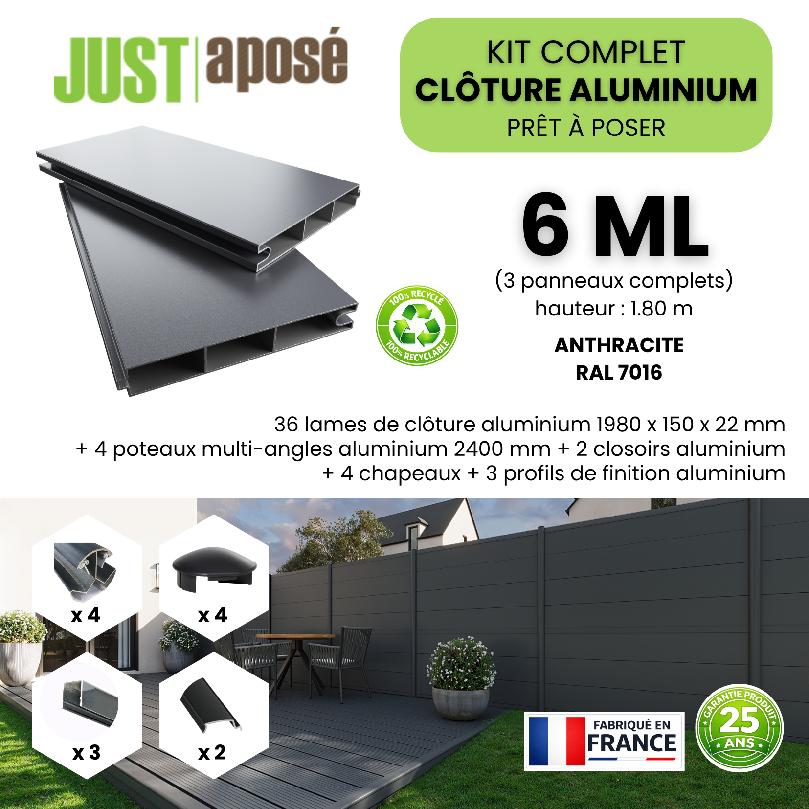 Kit complet clôture aluminium - 3 panneaux complets - 6 x 1,80 m - Prêt à poser - Anthracite - 3