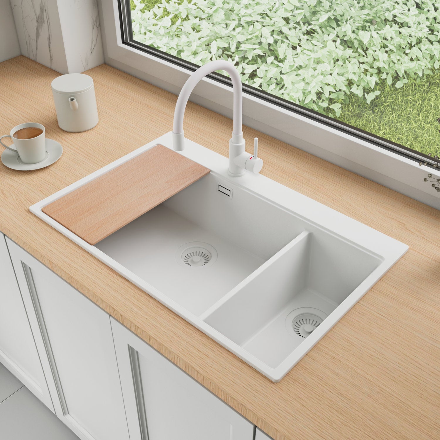 Zlewozmywak Granitowy 78x50cm, do szafki od 80cm + Bateria + Syfon + Deska - Rubin Cały Biały STONESTYLE