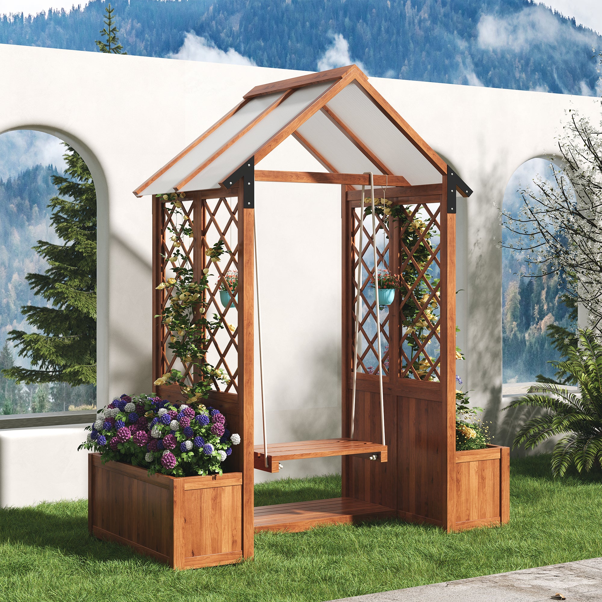 Balancelle de jardin en bois massif avec toit + lot de 2 Jardinière pour Plante Grimpante Vigne - 142 x 70 x 163 cm - Marron - 4