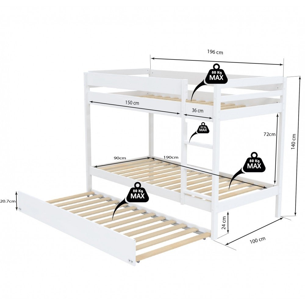 LIT SUPERPOSE WALLY 90x190 + 2 SOMMIERS + 1 LIT TIROIR/ BLANC - 4