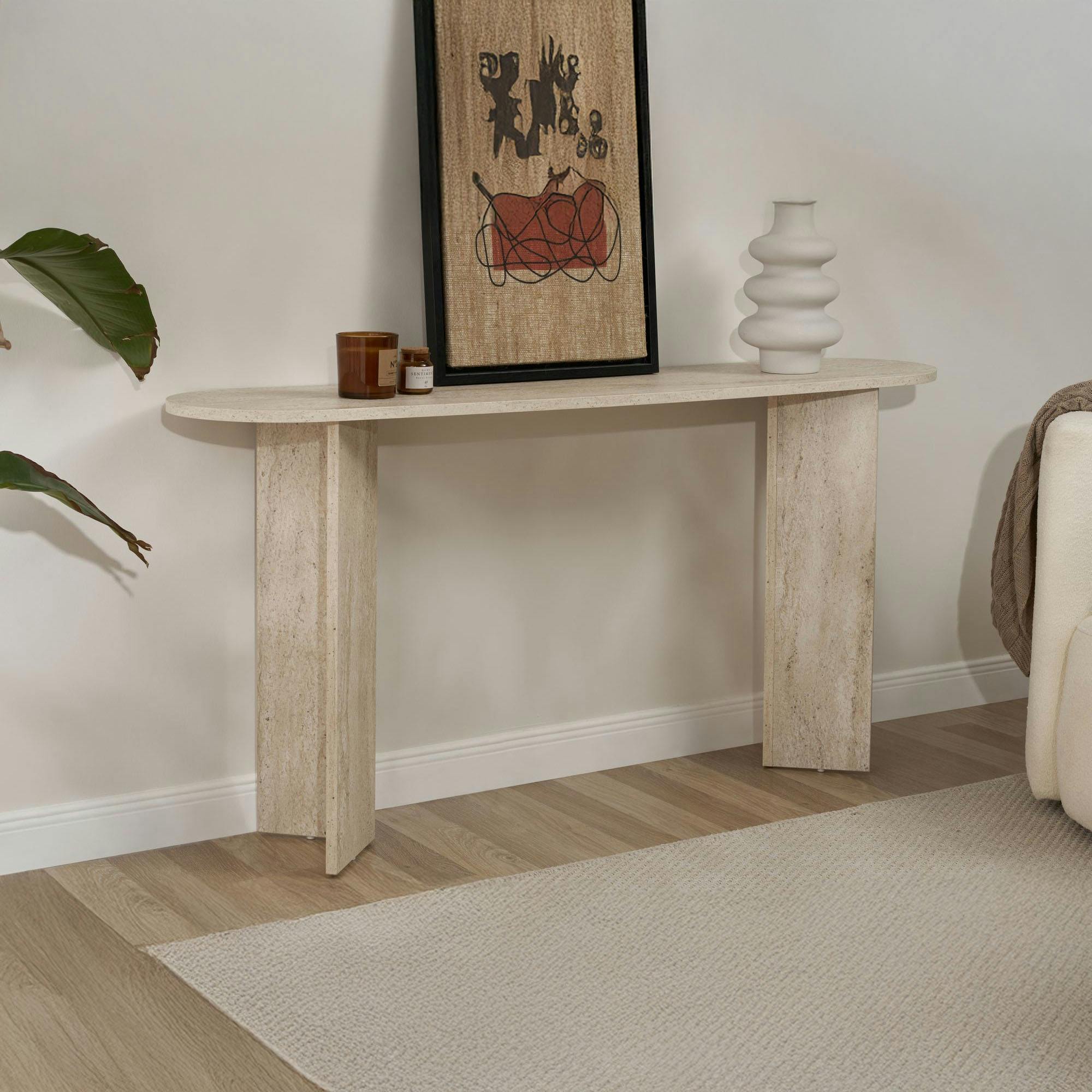 Console de salon ovale effet travertin - pieds en V MARFA - 2