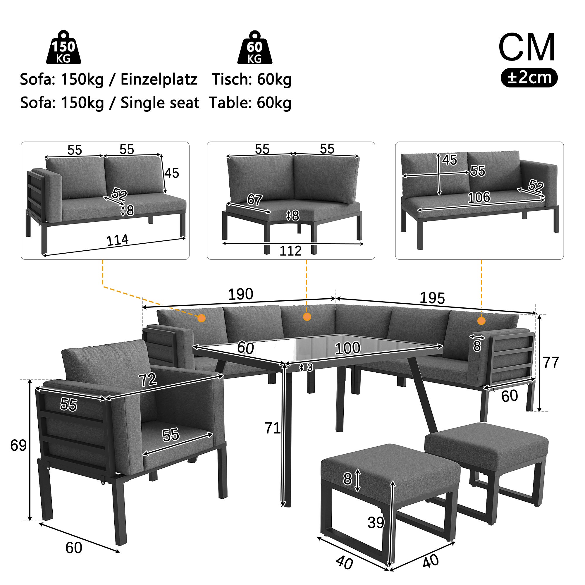 Conjunto Jardín Exterior en Forma de Media Luna para 8 Plazas / Estructura robusta de Hierro+Cojines / Mesa de Cristal+ 1 Sillón+ 2 Taburetes - Gris - 7