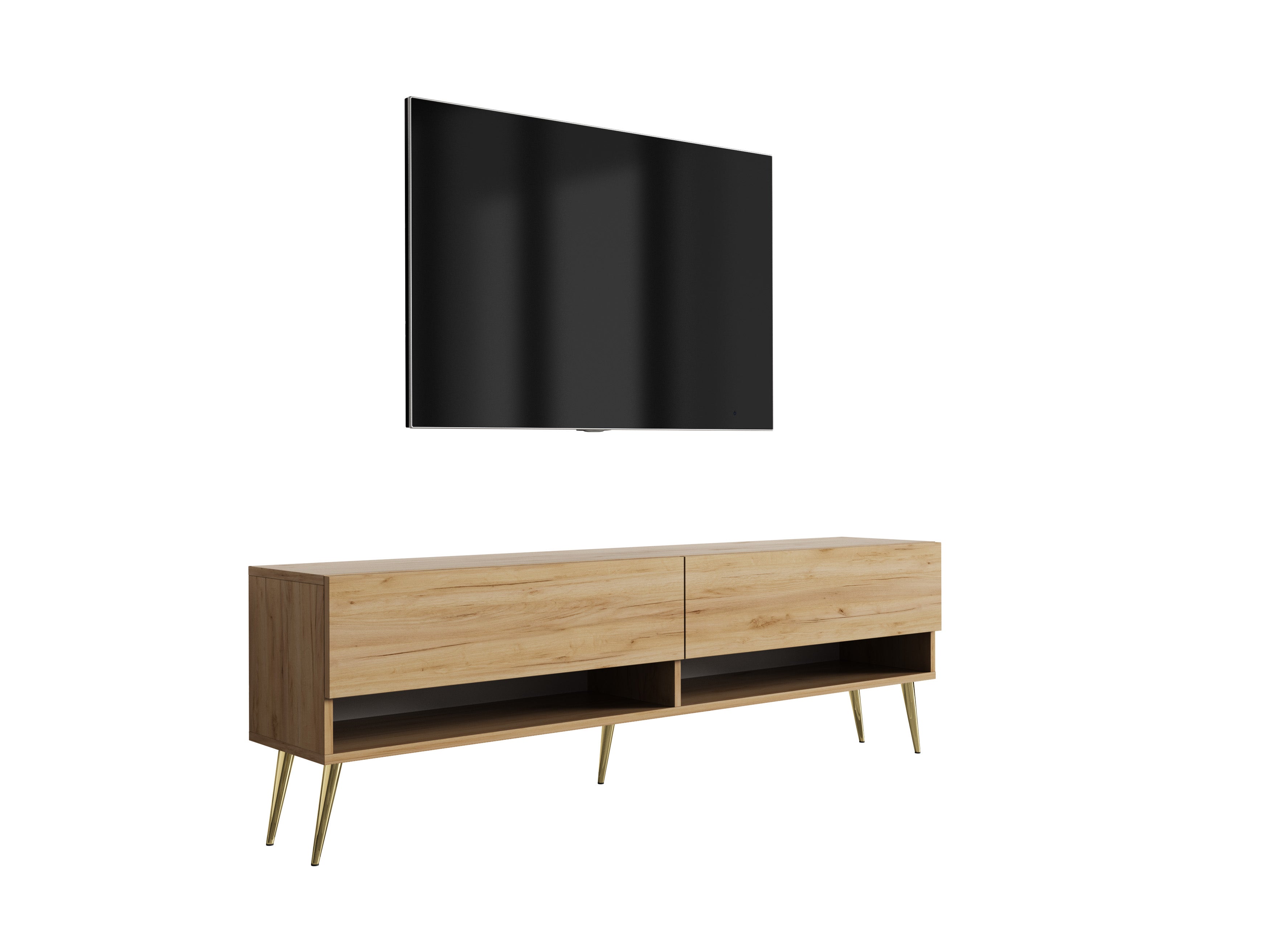 Szafka RTV : Dąb Craft, nóżki pochyłe złote, 170 × 32 × 52 cm