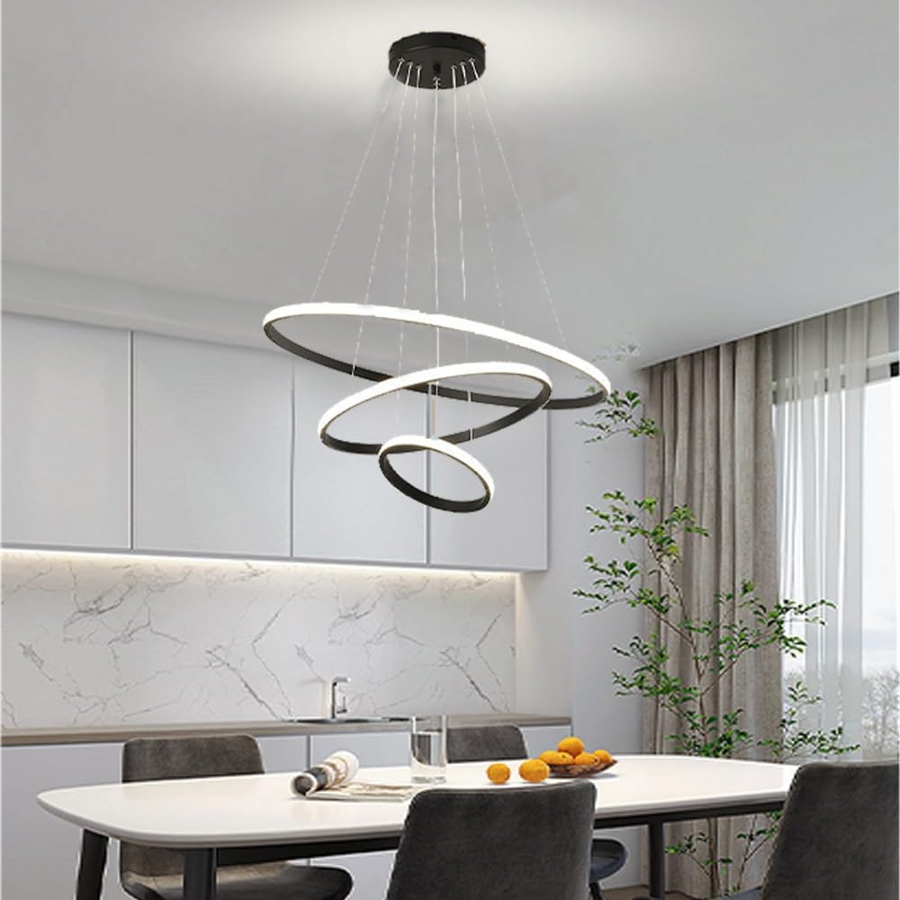 COMELY Suspension LED Moderne à 3 Anneaux Ø20/40/60 cm, Lustre Design Noir Hauteur Réglable, Lumière 3000K–6500K pour Salon Salle à Manger - 3