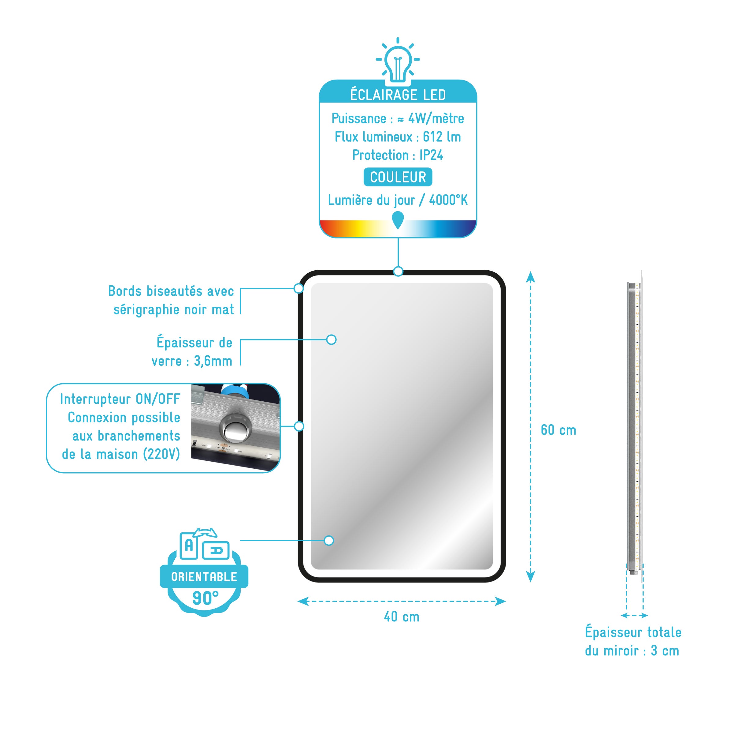 Miroir salle de bain avec eclairage LED et contour noir - 40x60cm - GO BLACK LED - 4