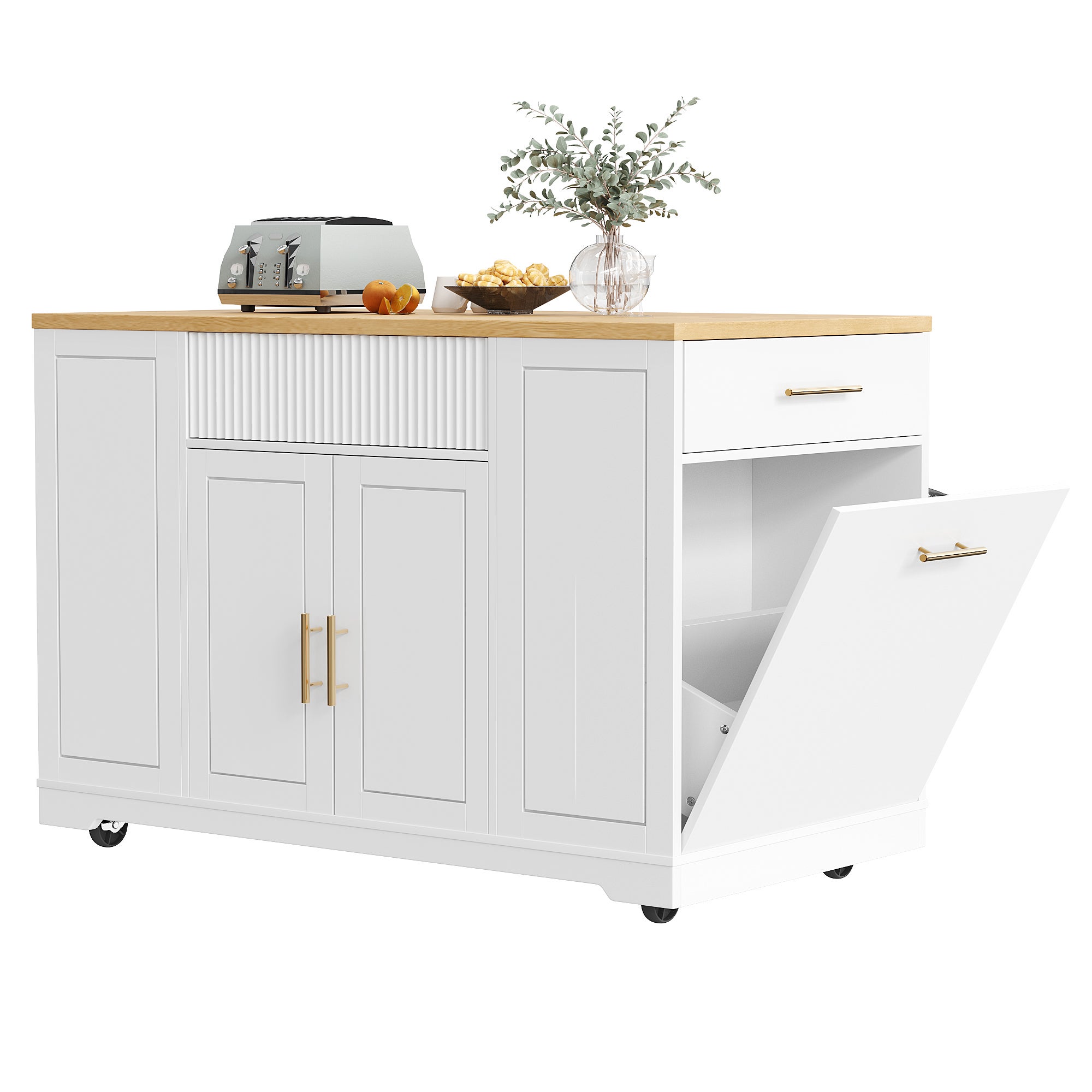 Ilot central de cuisine mobile - 3 portes et 2 tiroirs - étagères ouvertes - avec compartiment poubelle - MDF - Blanc - 3