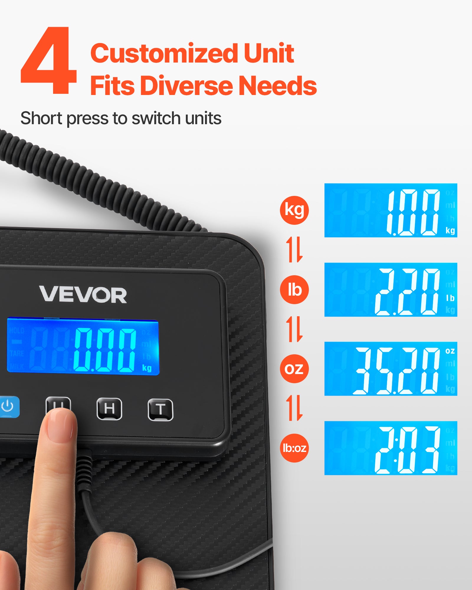 Balance Postale Numérique VEVOR 200 kg Pèse-colis Double Précision 0-20 kg (10 g) et 20-200 kg (100 g), avec Fonction de Maintien Tare, Écran LCD - 3