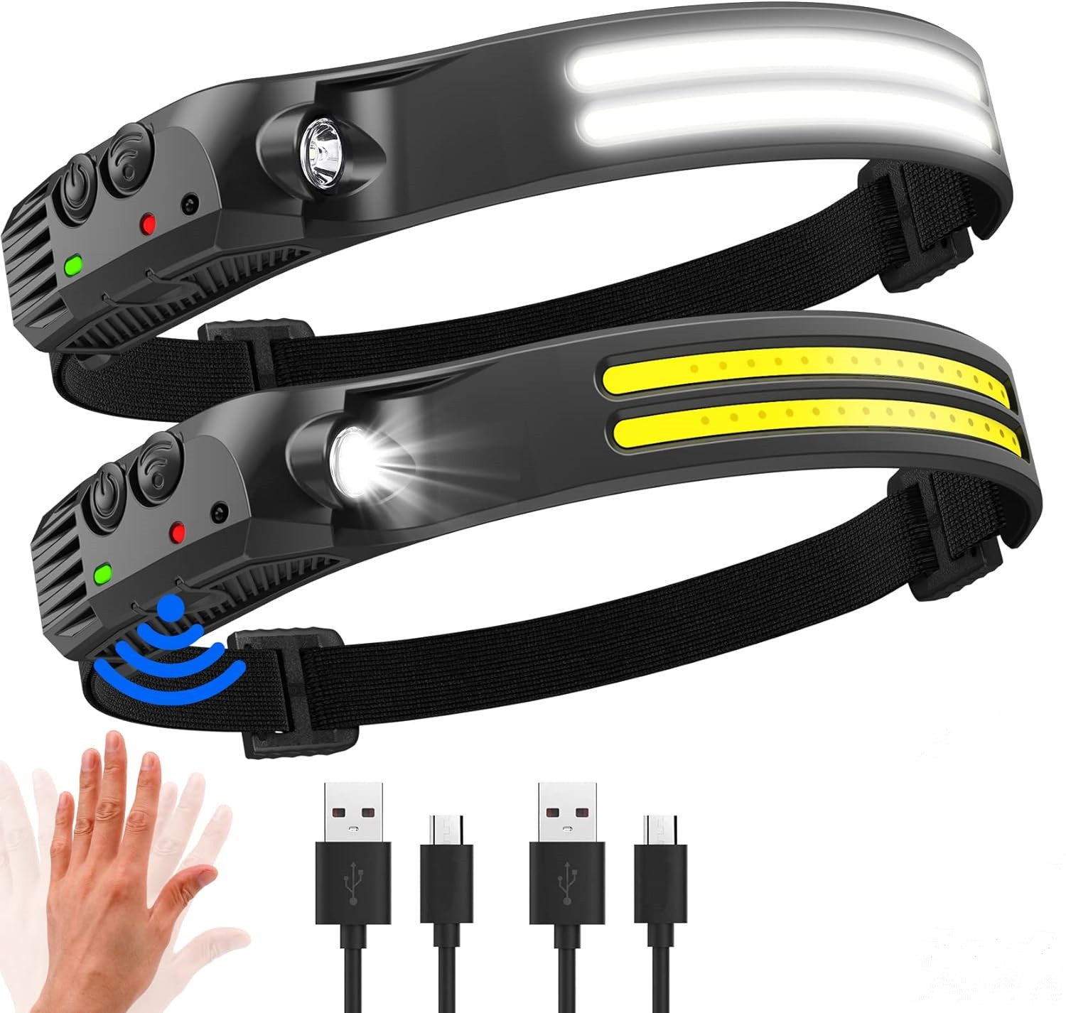 Bardzo mocna czołówka LED, 2000 lumenów Oświetlenie 230° Ładowalna przez USB latarka czołowa z czujnikiem ruchu, wodoodporna IPX5, 2 sztuki