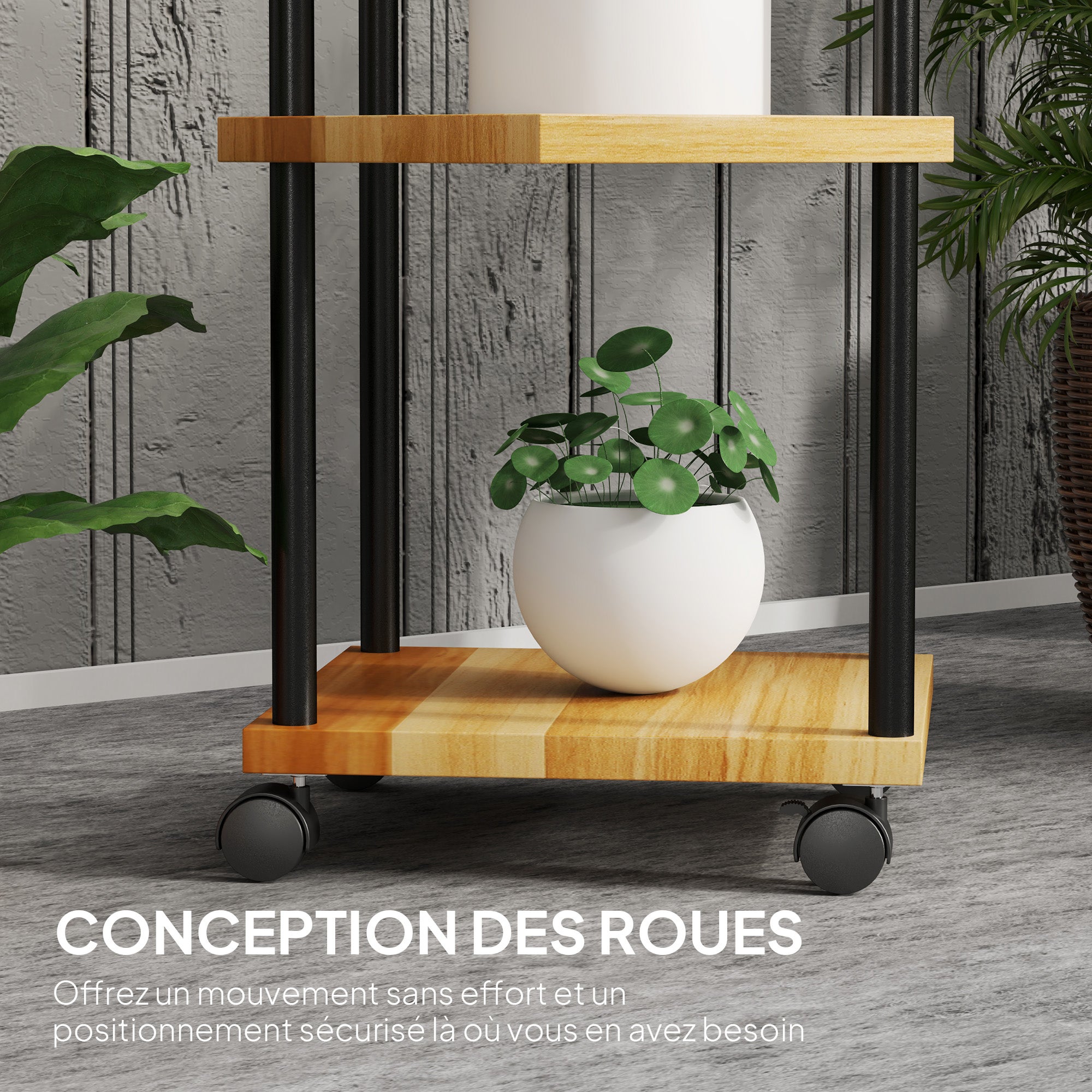 Support à plantes à 5 niveaux pour intérieur et extérieur, étagère plante avec 4 roues en acier et bois bois naturel - 7