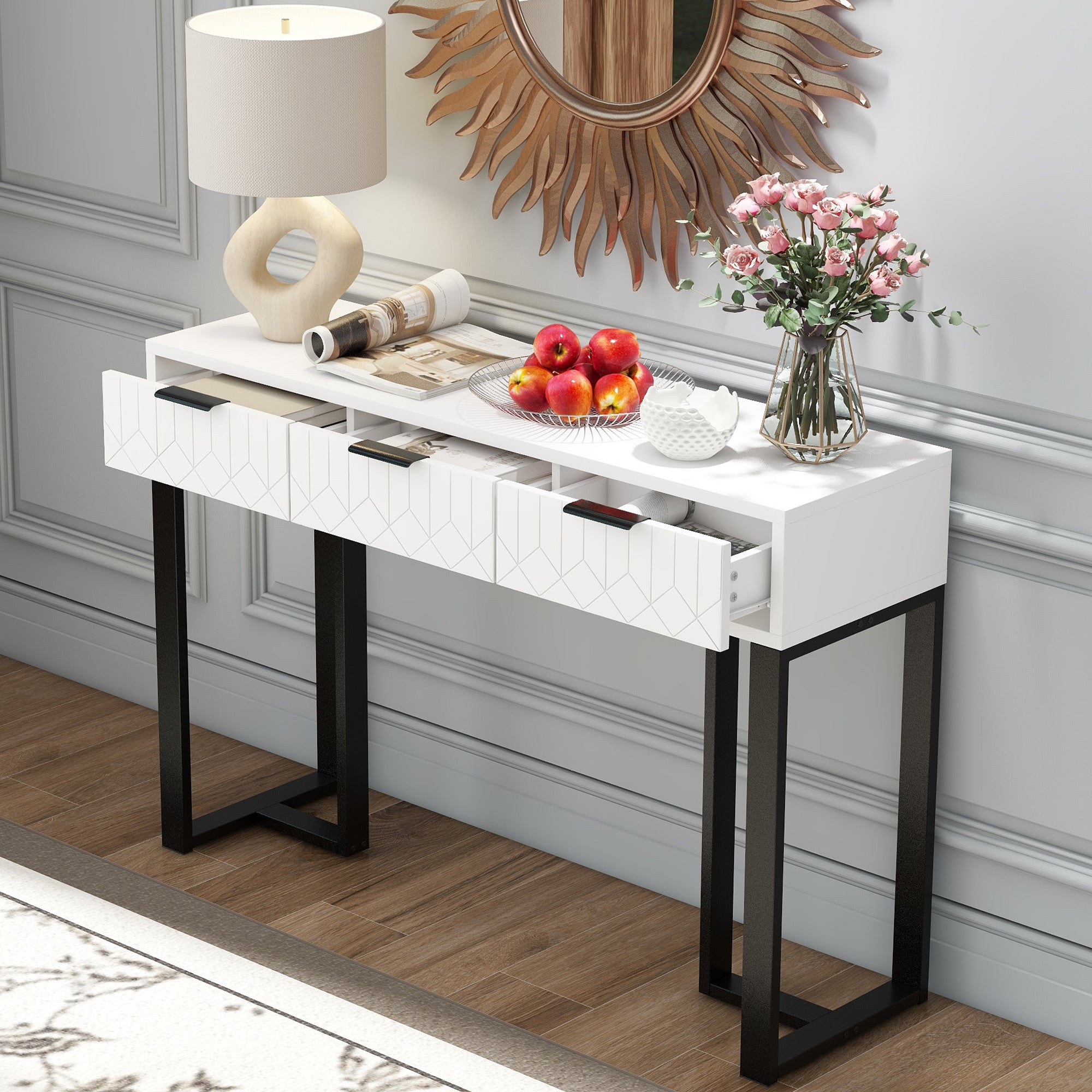 Table console moderne avec 3 tiroirs - 120 x 36 x 80 cm - MDF - pour salon, couloir - blanc + noir - 3