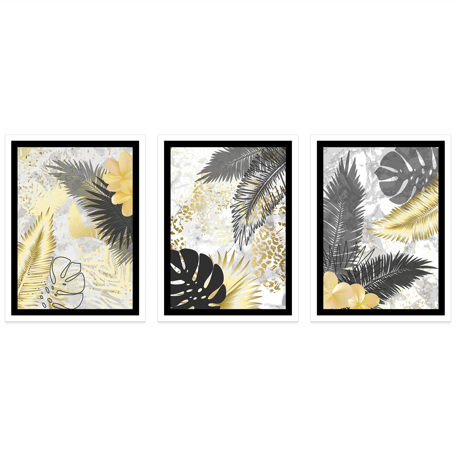 Lot de 3 Affiches / Posters Triptyque - Feuilles de palmiers 3617689996042 - Bordure Noire et Blanche - 3 Affiches - 21x29,7 cm (Cadres non fournis) - 4