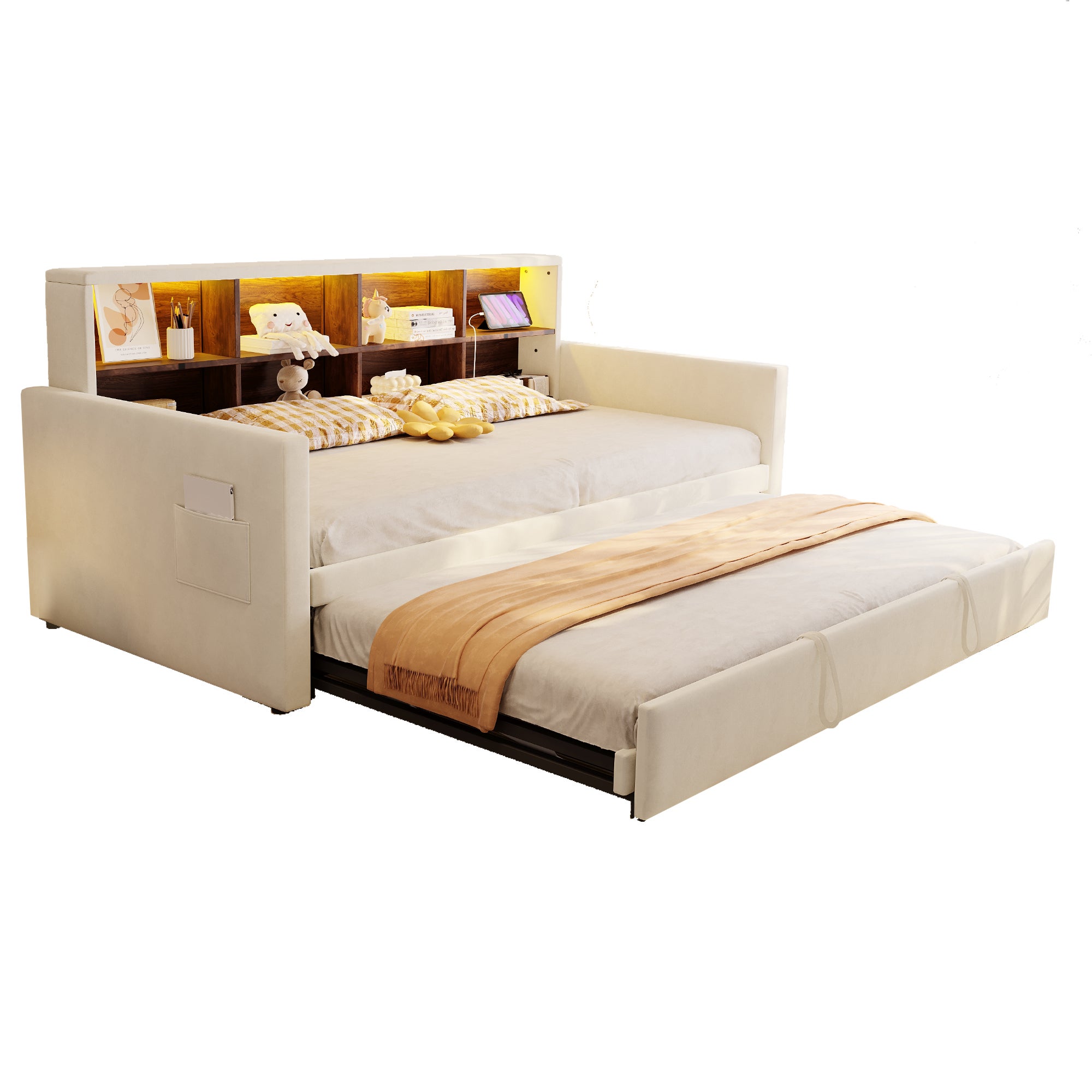 Rozkładana sofa z poduszkami 90x190cm - z oświetleniem LED - z gniazdem ładowania - z wysuwane łóżko - tkanina welurowa - beżowy - 6