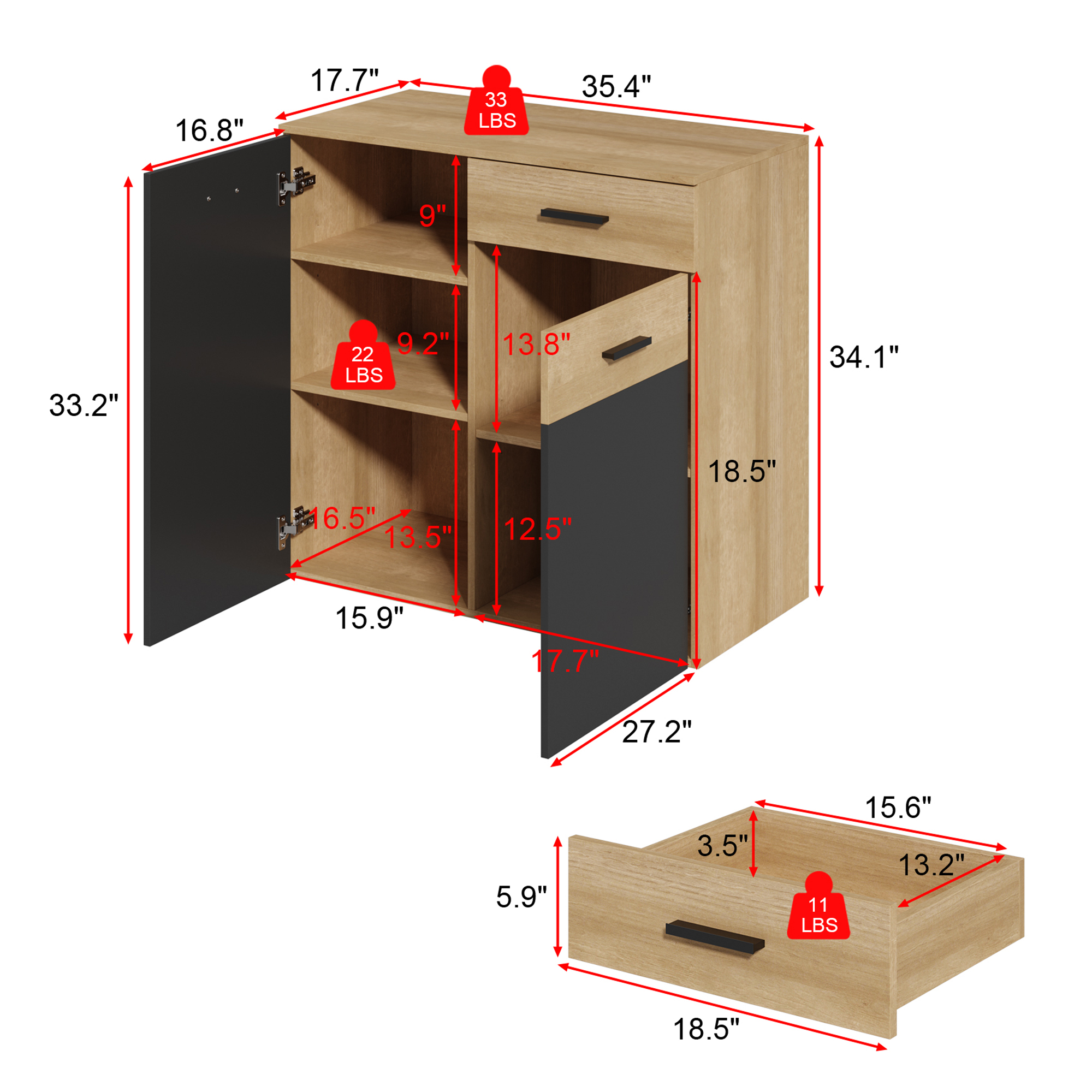 Armoire de rangement basse en Gris foncé&Bois,3 étagères,2 portes,idéale pour chambre salon,dispositif anti-basculement,90x45x85cm - 8