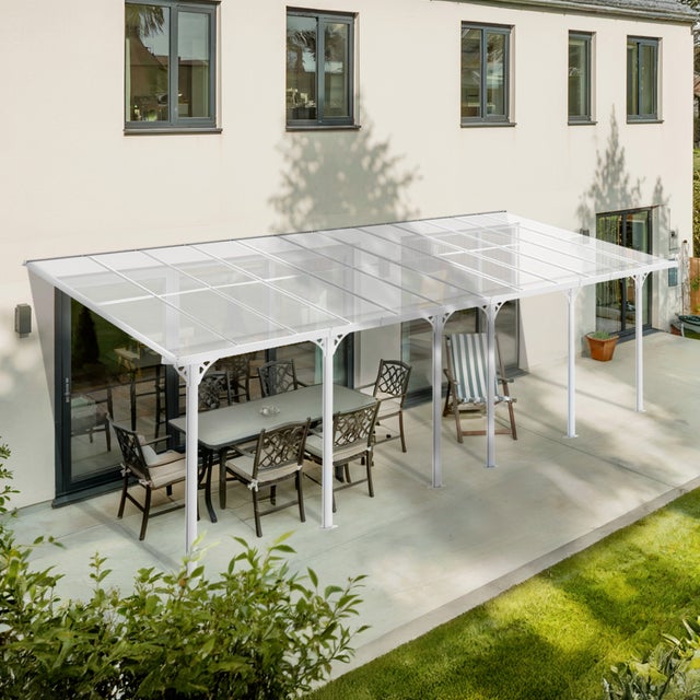 Pergola/Carport adossée 24m² KLEO 8x3m blanc - toit terrasse en aluminium et polycarbonate