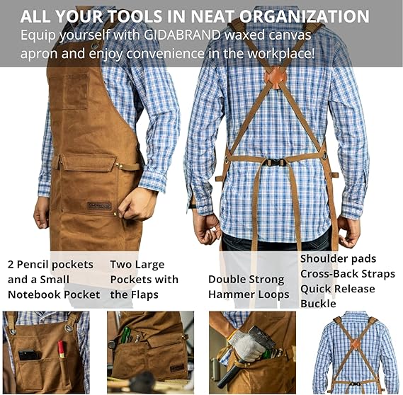 Tablier de travail pour hommes,tablier à outils en toile cirée robuste pour charpentier,menuisier avec sangles croisées dans le dos - 2
