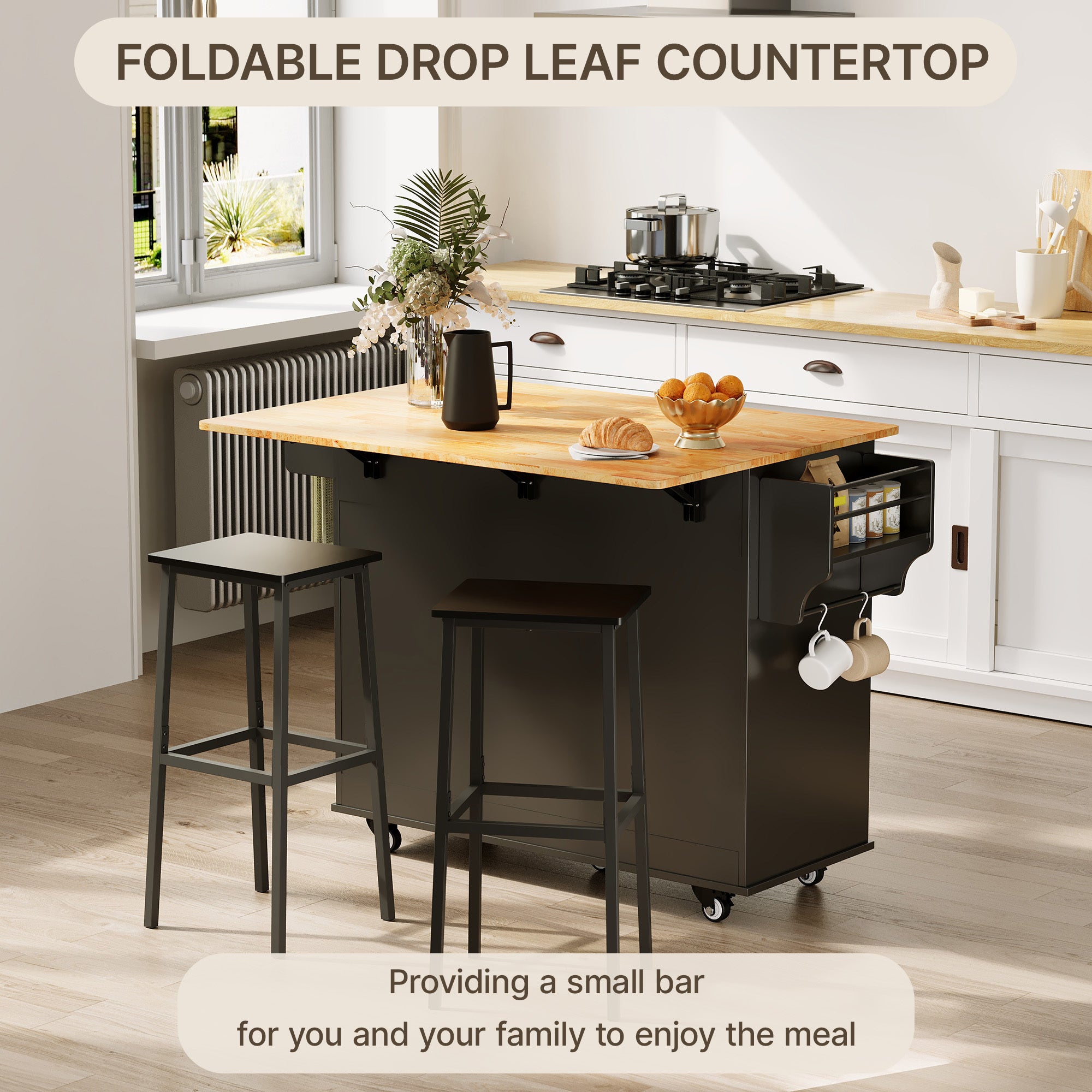 Îlot de cuisine mobile avec 3 portes et 1 tiroir, plateau extensible 130x45(75)x88 cm, MDF noir et naturel, Bealife - 8