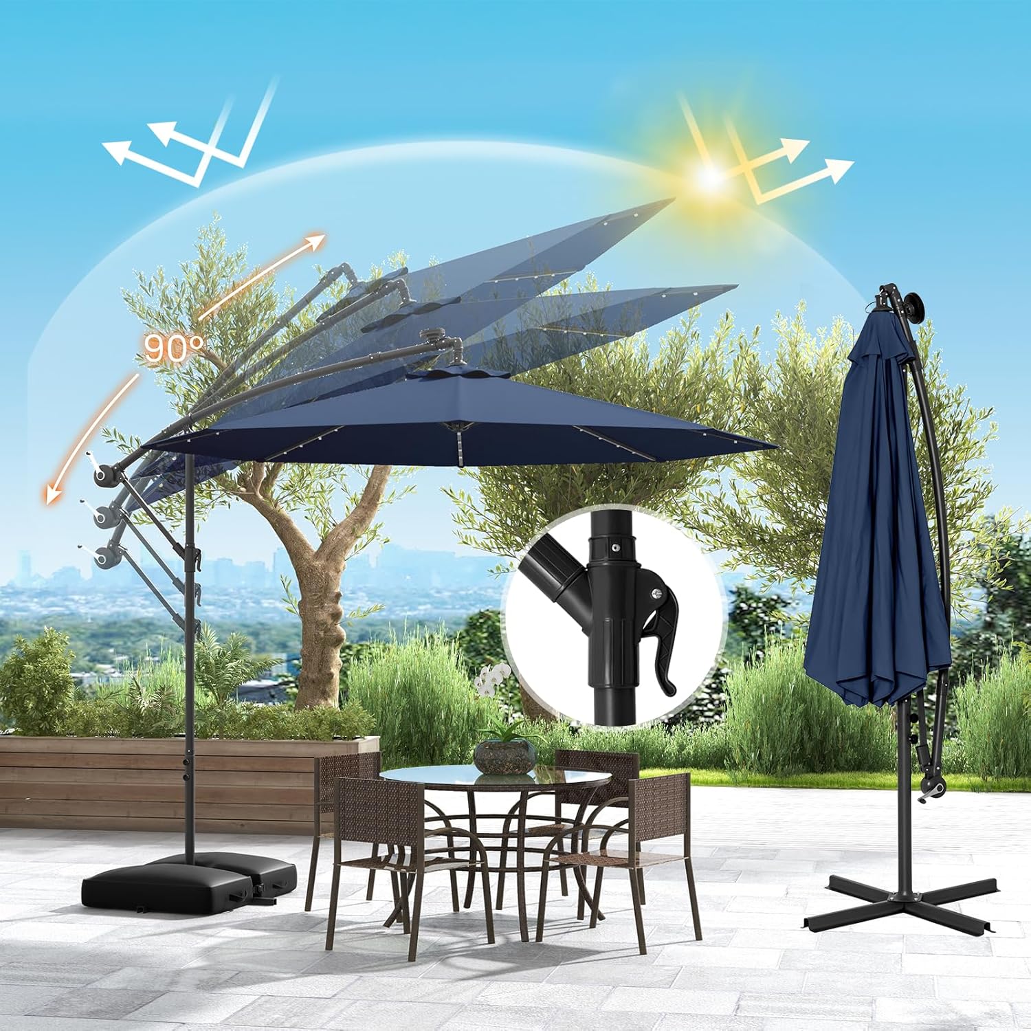 Parasol Déporté Ø300CM Parasol de Jardin Extérieur Inclinable 40 LED Solaires 8 Baleines, Grand Parasol avec Pied pour Terrasse Plage Cour (Bleu) - 2