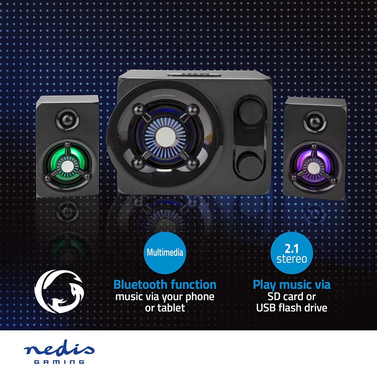 NEDIS Altoparlante per gaming | Canali degli altoparlanti: 2.1 | Alimentazione a USB | 3,5 mm maschio | 33 W | LED | Controllo del Volume
