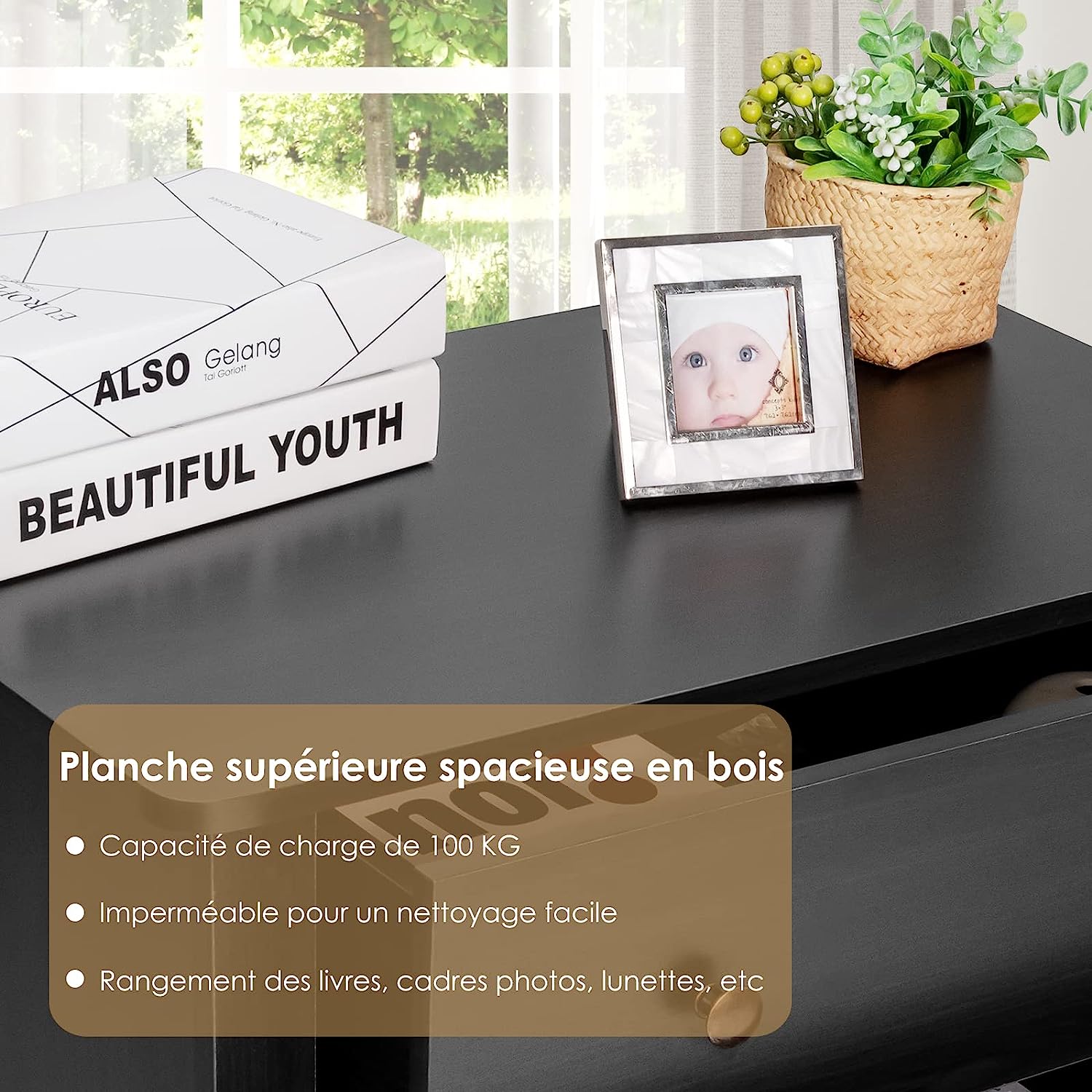 Cassettiera con 3 Cassetti, Comodino con Gambe Robuste e Struttura Stabile, per Camera da Letto, Soggiorno, Ingresso, 71 x 46 x 66 cm (Black) - 3