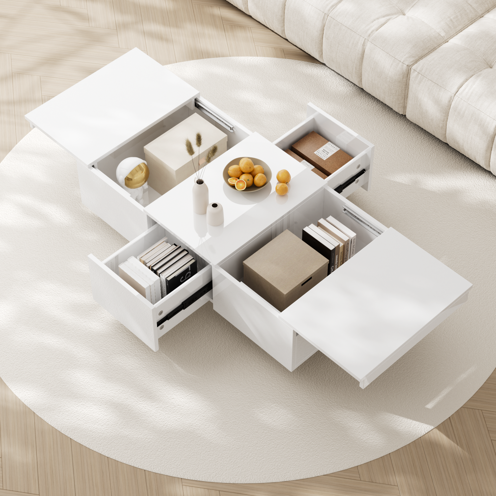 Tavolino rettangolare 100×50×31 cm con 2 cassetti, in MDF, bianco - 3