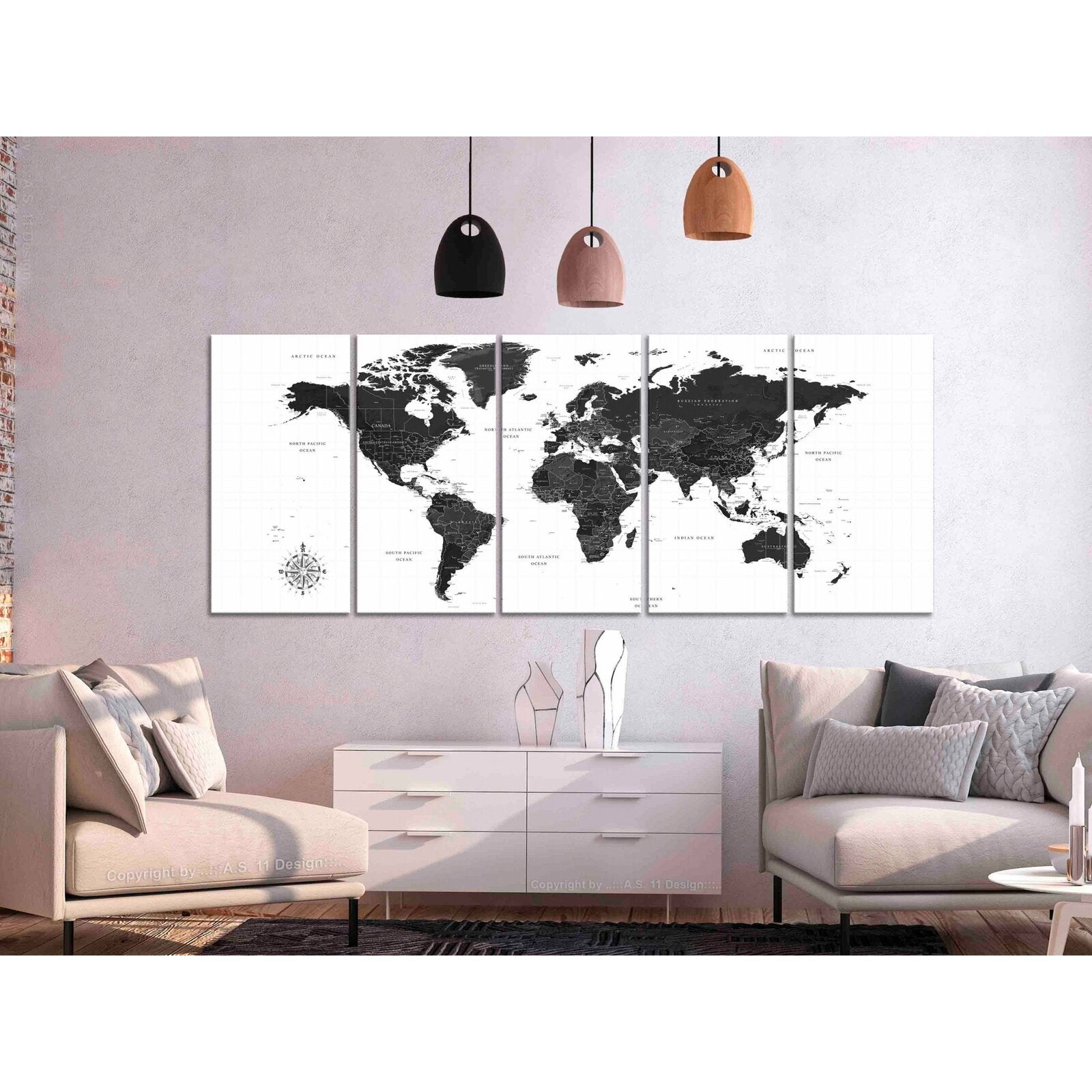 Tableau carte en noir et blanc étroite - 200 x 80 cm - 2