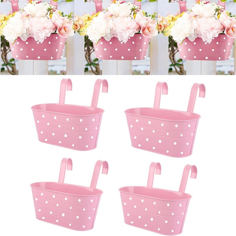 Zestaw 4 metalowych wiszących doniczek z otworem odpływowym – z wyjmowanymi podwójnymi haczykami – do dekoracji ogrodu i balkonu – różowy