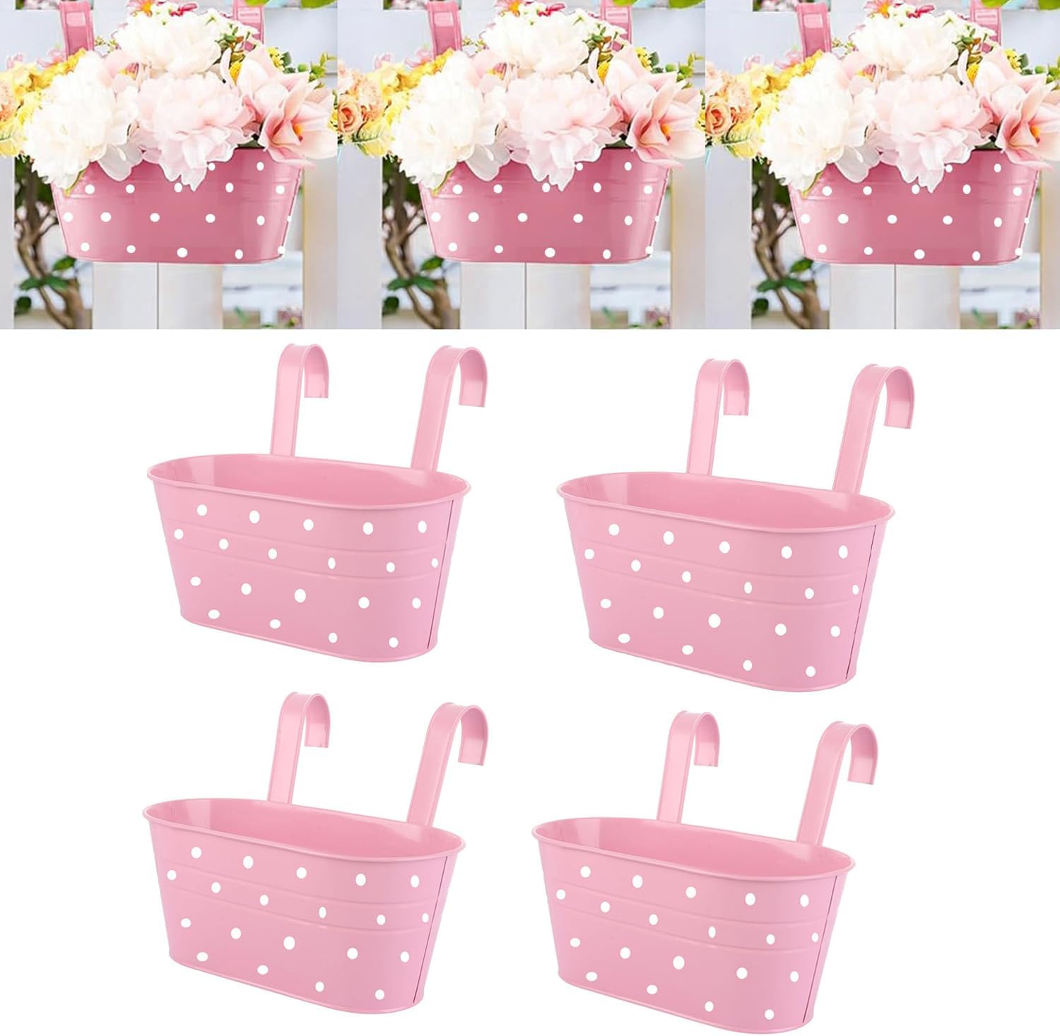 Zestaw 4 metalowych wiszących doniczek z otworem odpływowym – z wyjmowanymi podwójnymi haczykami – do dekoracji ogrodu i balkonu – różowy