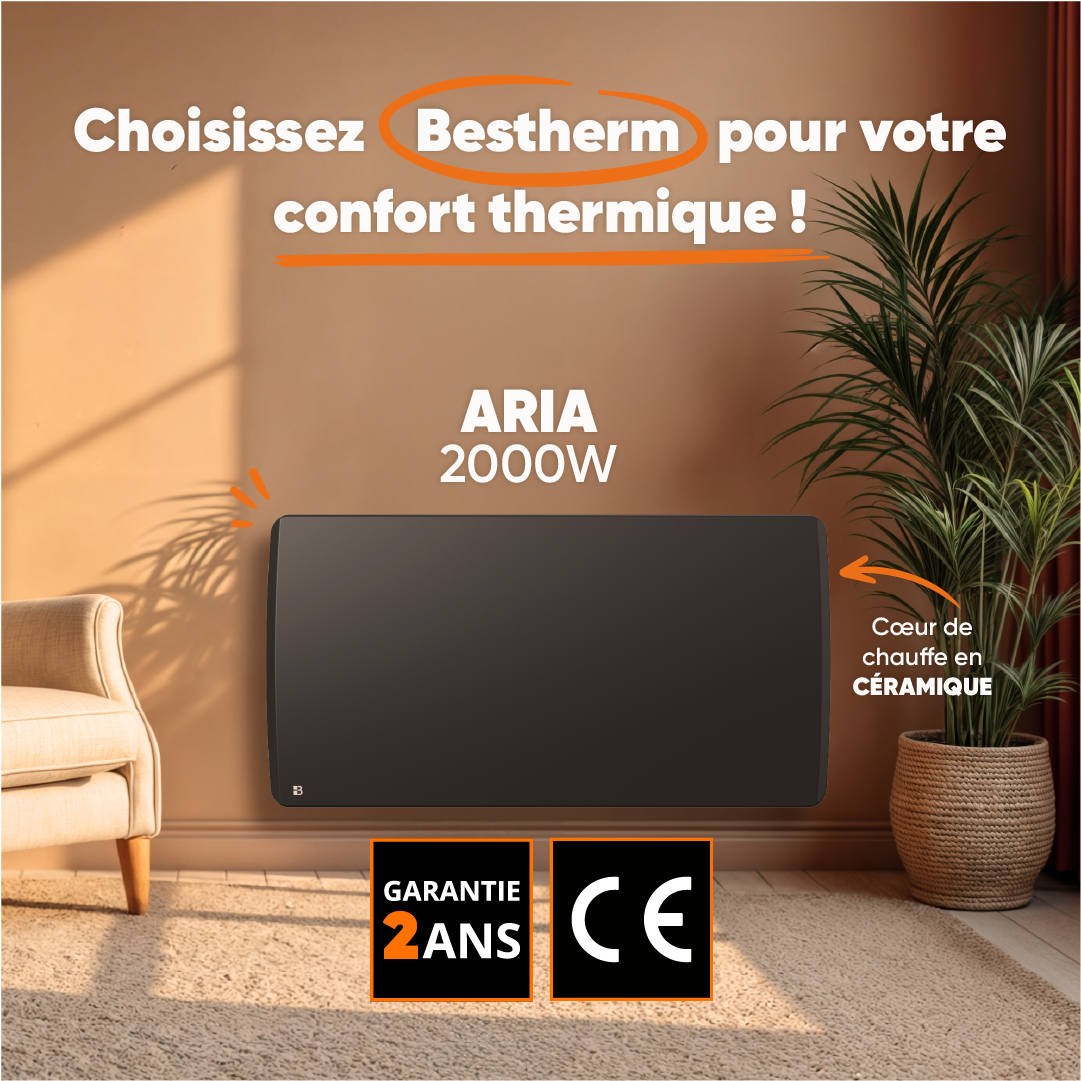 Radiateur électrique fixe à inertie sèche céramique 2000W Bestherm ARIA horizontal noir - 3