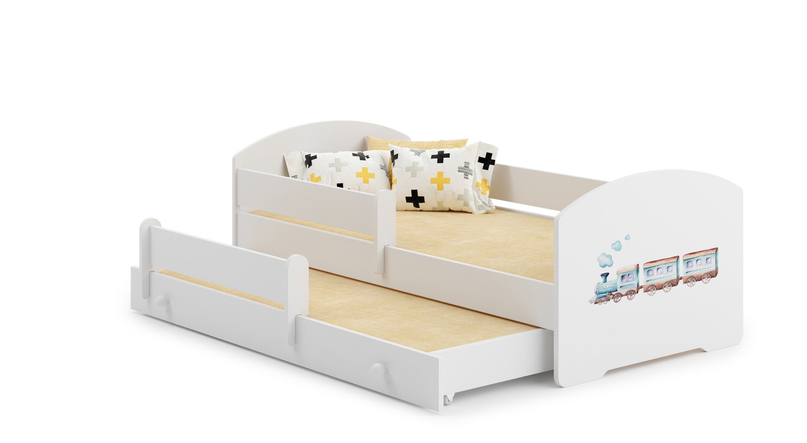 Podwójne białe łóżko dziecięce z rysunkiem pociągu i barierkami 160x80 cm z dolnym łóżkiem 145x80 cm – Zawiera 2 materace i stelaże