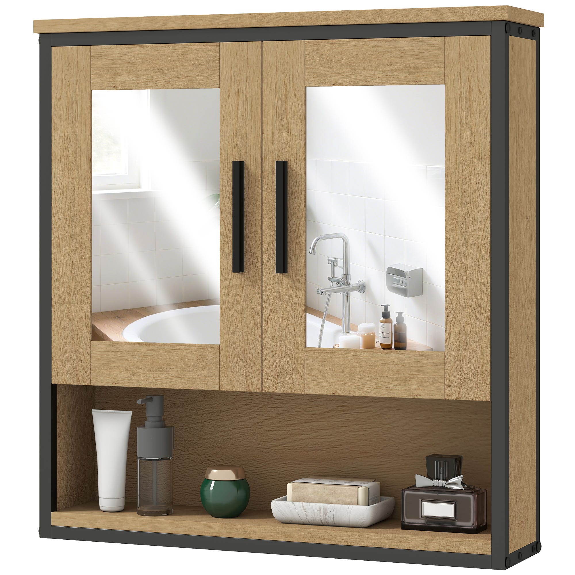 kleankin Armoire à miroir, Armoire de salle de bain, 3 portes en miroir, 5 étagères intérieures kleankin Armoire à miroir, Armoire de salle de bain, 3 portes en miroir, 5 étagères intérieures