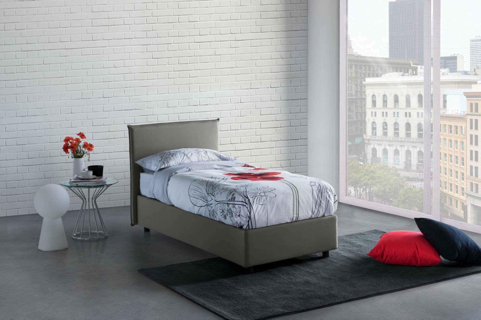 Lit simple Catia, Lit coffre avec revêtement en tissu, 100% Made in Italy, Ouverture frontale, avec matelas 80x200 cm inclus, Gris - 2