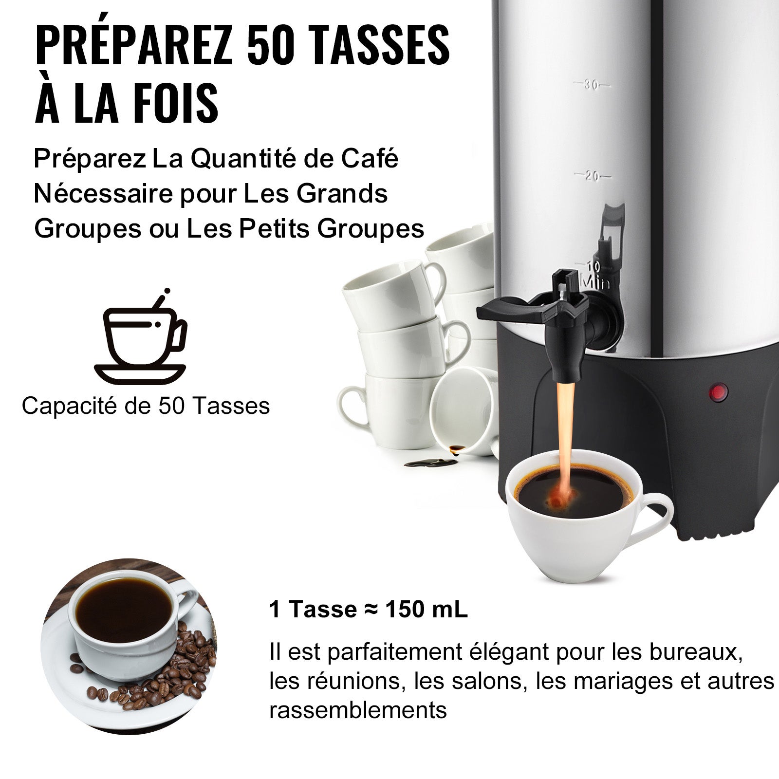 Percolateur a Cafe VEVOR 7,4 L 50 Tasses Distributeur de Boissons Chaudes en Acier Inoxydable Filtre Permanent Marmite a Vin Chaud 90-98 ℃ Maintenu - 3