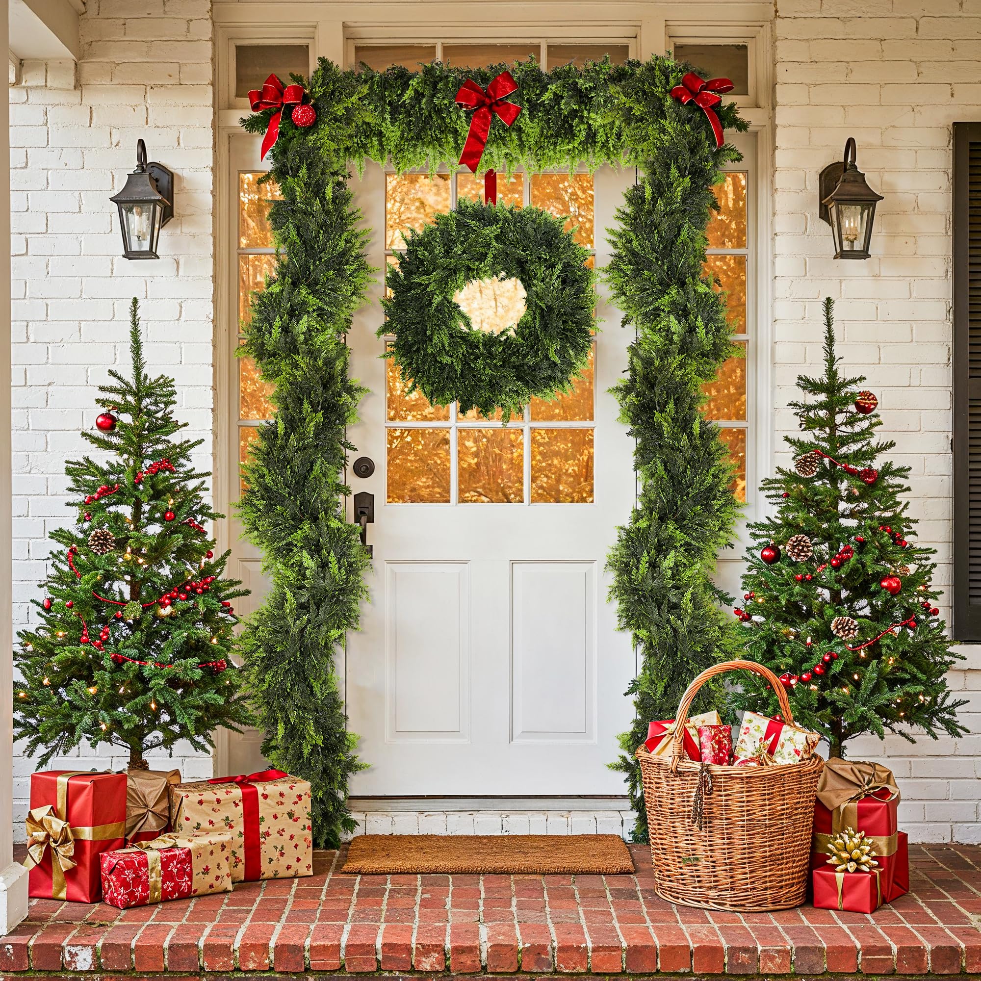 Ghirlanda natalizia artificiale con foglie di cipresso, realistica e dalla consistenza densa, ideale per decorare un tavolo pranzo camino (2,7 m) - 5