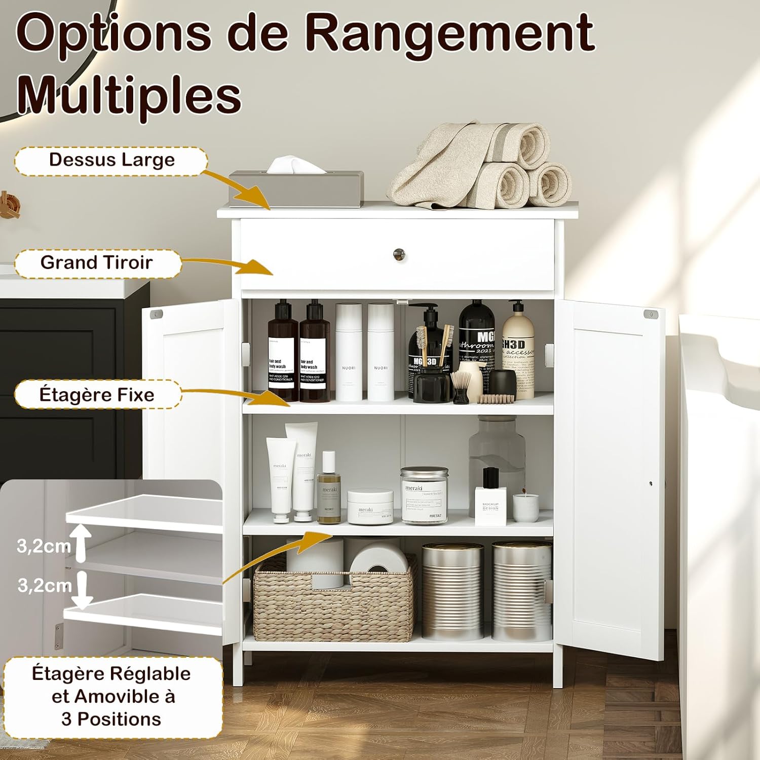 Meuble Salle de Bain 60 x 30 x 80 CM, Armoire de Rangement avec 1 Tiroir, 2 Portes, Étagère Réglable, avec Dispositif Anti-Basculement, Blanc - 4
