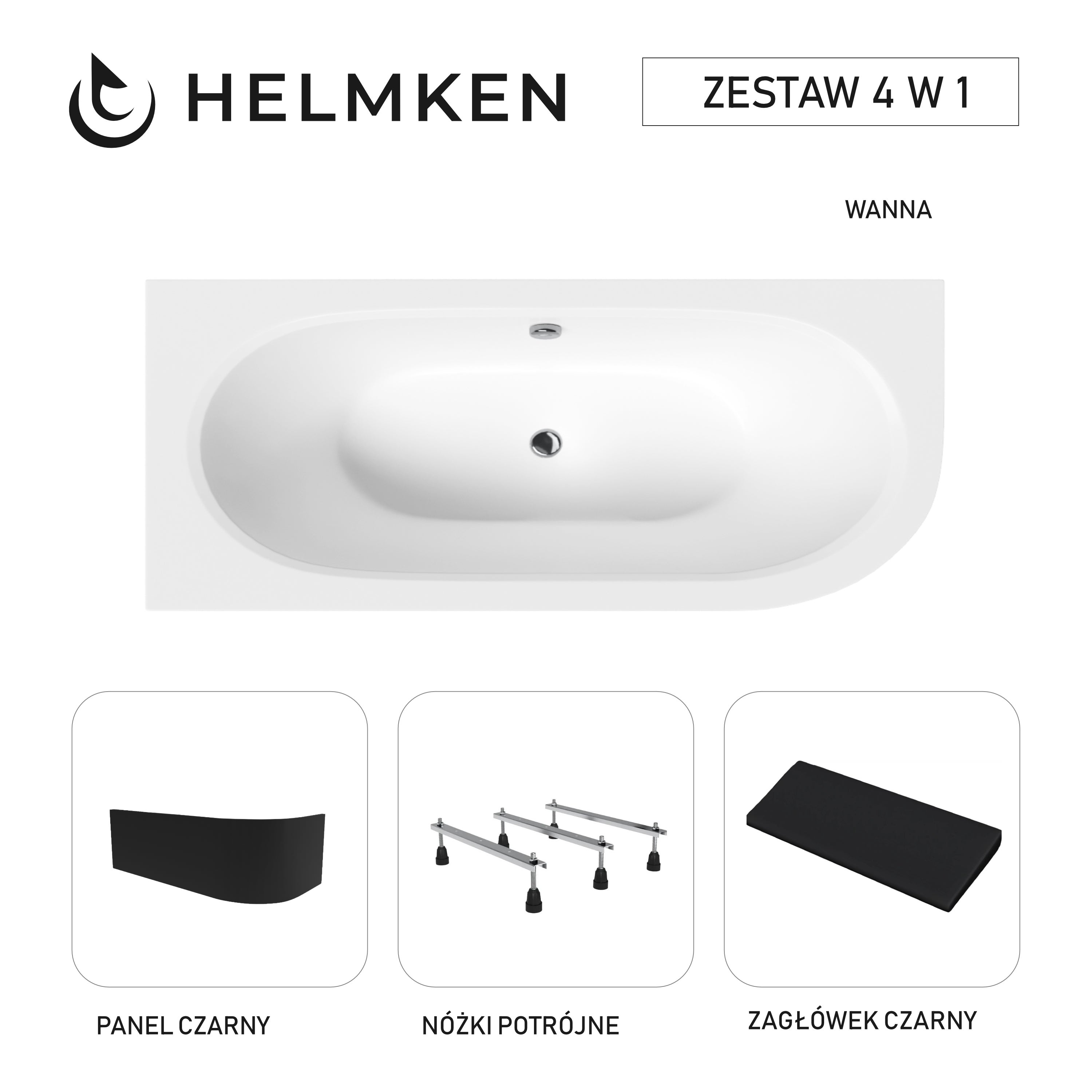 Wanna akrylowa Helmken Marbella Lux 150 x 75 Lewa + Panel czarny + Zagłówek czarny + Nóżki potrójne / 23092002ZWC