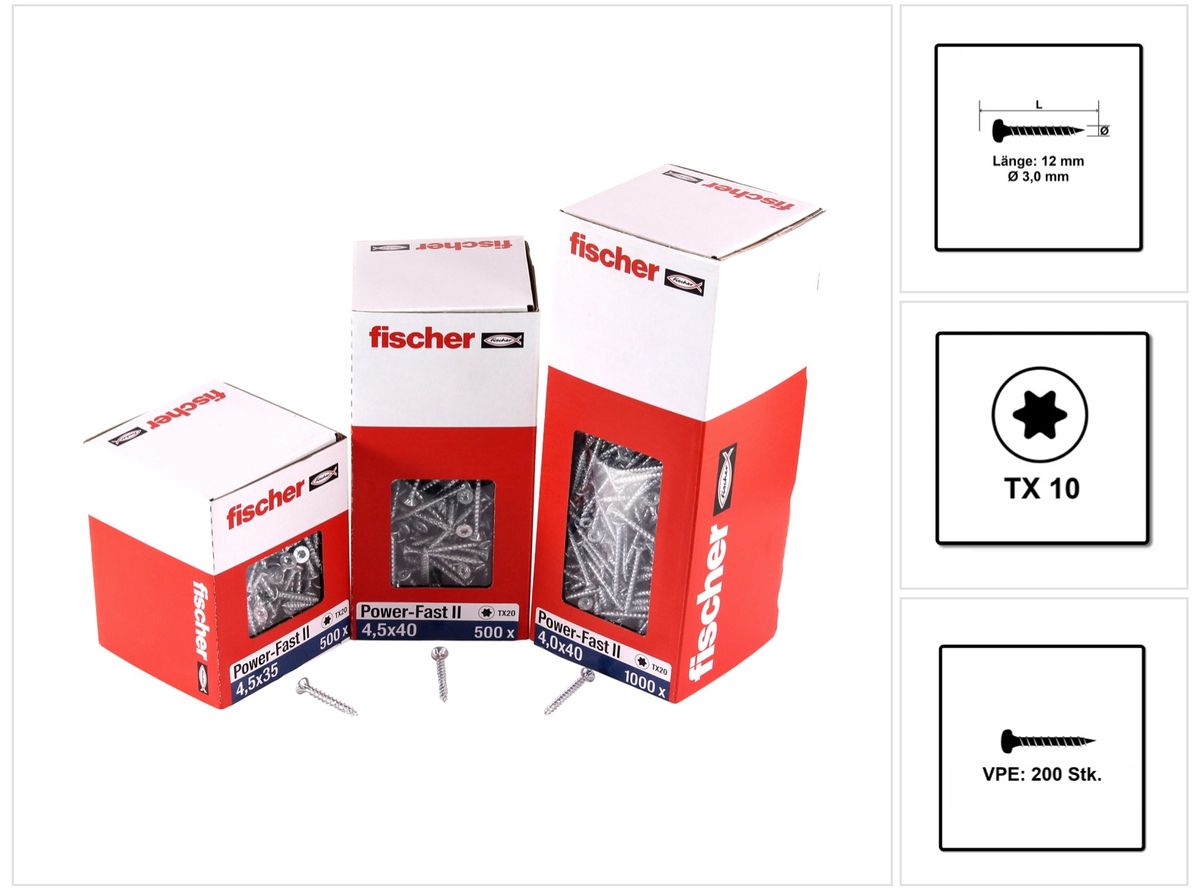 Fischer Power-Fast II FPF II Vis à bois aggloméré 3,0x12 mm, 200 pcs., tête ronde, empreinte Torx, filetage total, zingué et passivé bleu ( 670056 ) - 5