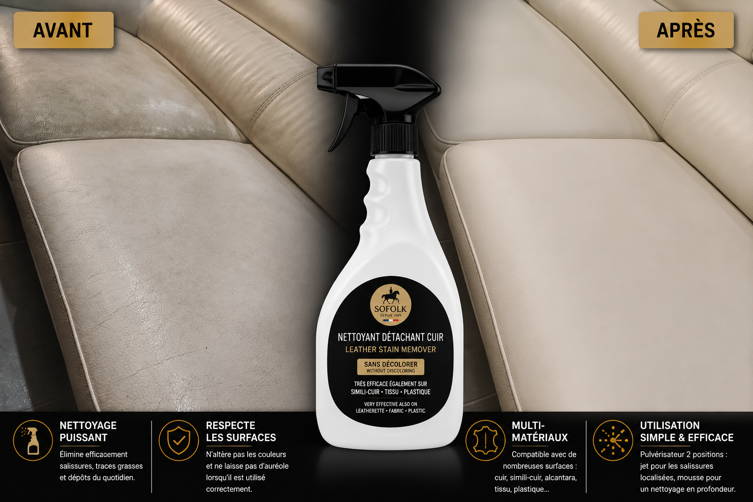 Nettoyant Détachant Puissant : Cuir, Simili-Cuir, Tissu, Nubuck, Daim, Plastique SOFOLK Pulvérisateur 750ml - 9