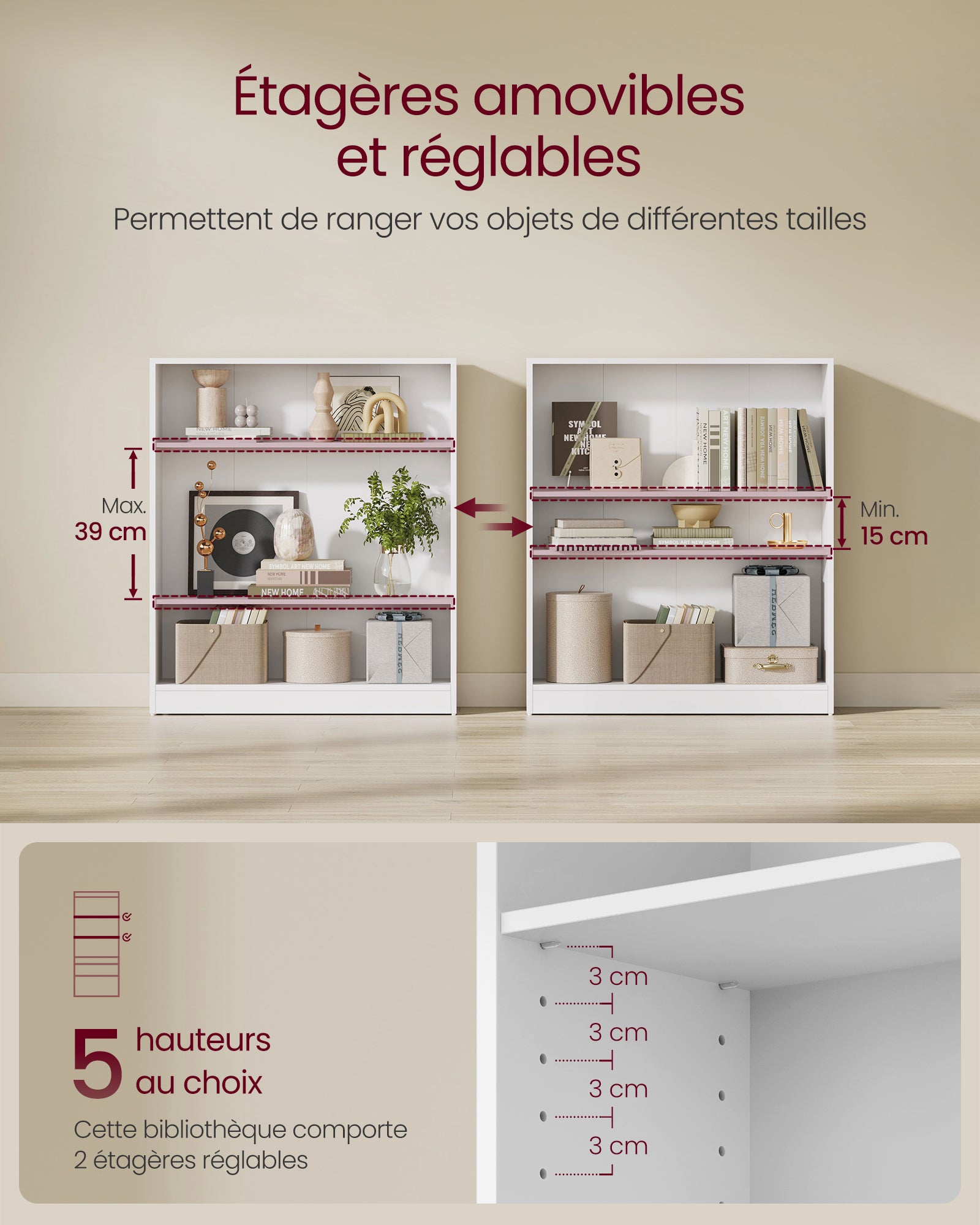 Bibliothèque, Étagère à 3 Niveaux, Meuble de Rangement, avec Étagères Réglables en Hauteur, 80 x 24 x 93 cm, Blanc - 3