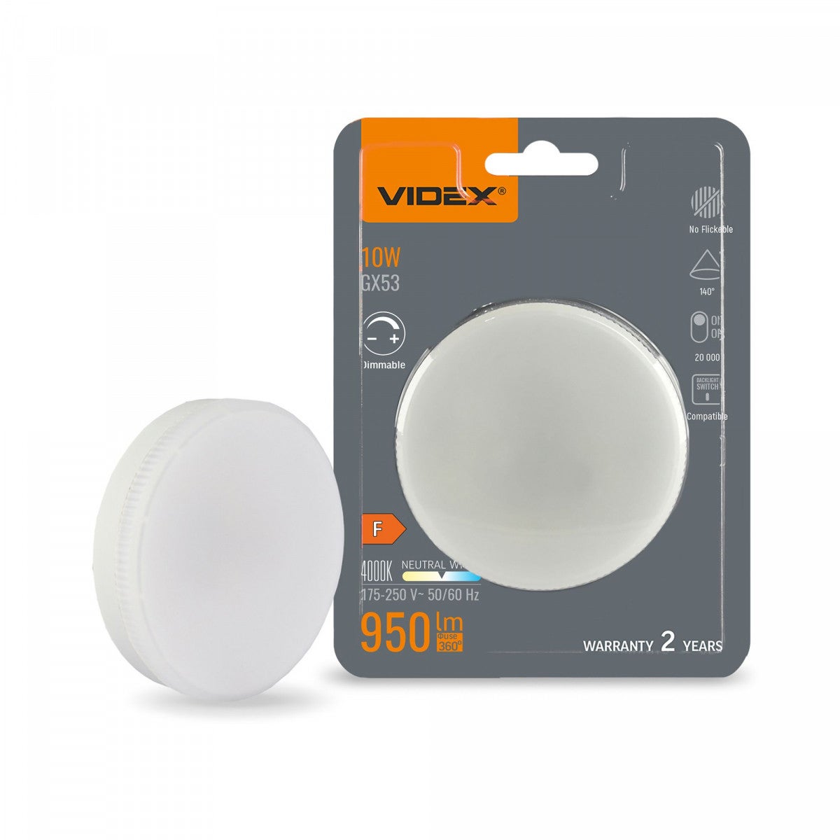 Żarówka ściemnialna LED GX53 pastylka 10W Neutralna biel 4000K 950lm Klasa F Videx