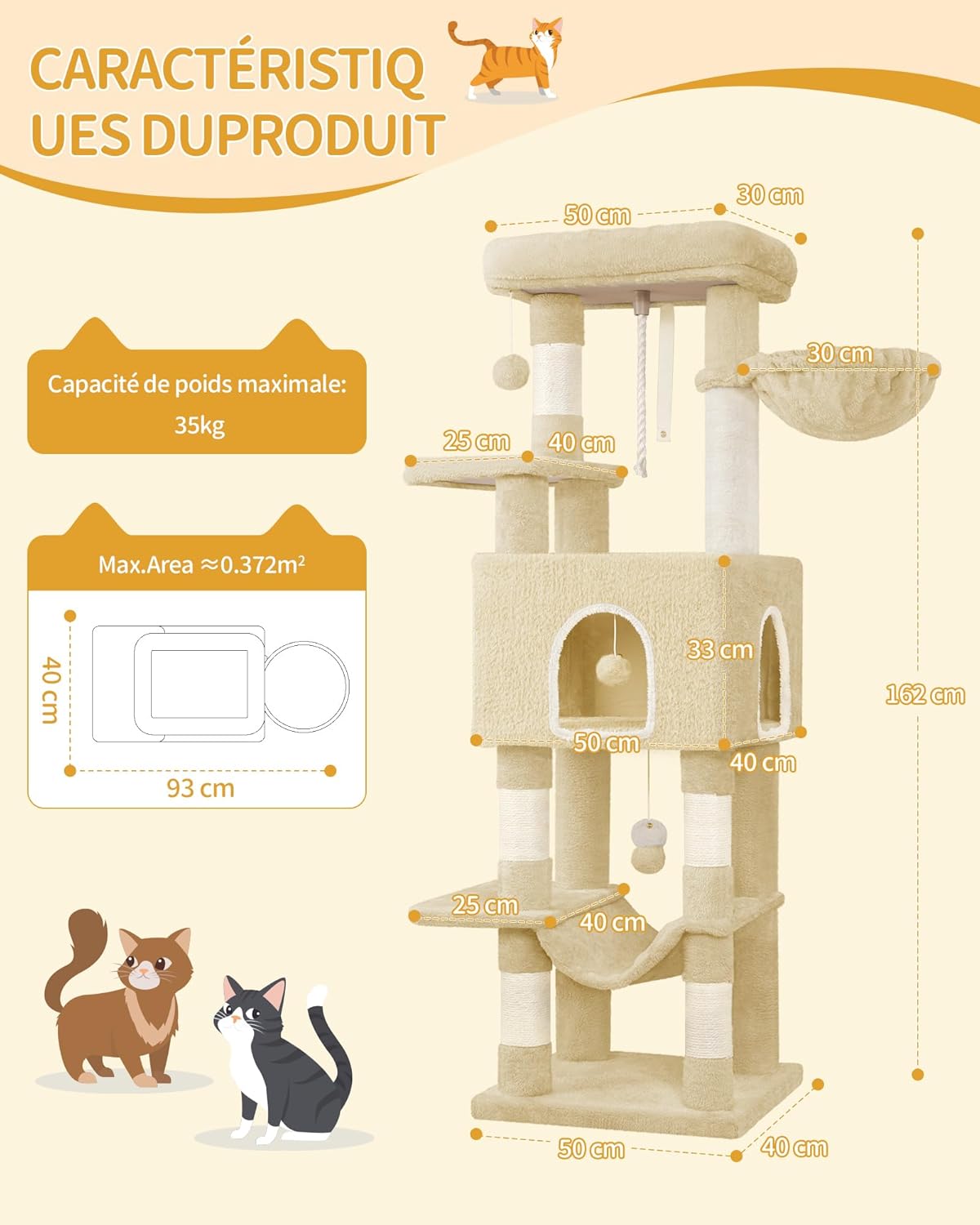 Árvore para Gatos (162 cm de Altura), Torre de Brinquedos, Arranhador com Plataformas Grandes, 5 Postes Arranhadores, 3 Pompons, 1 Rede,Cinza-escuro - 5