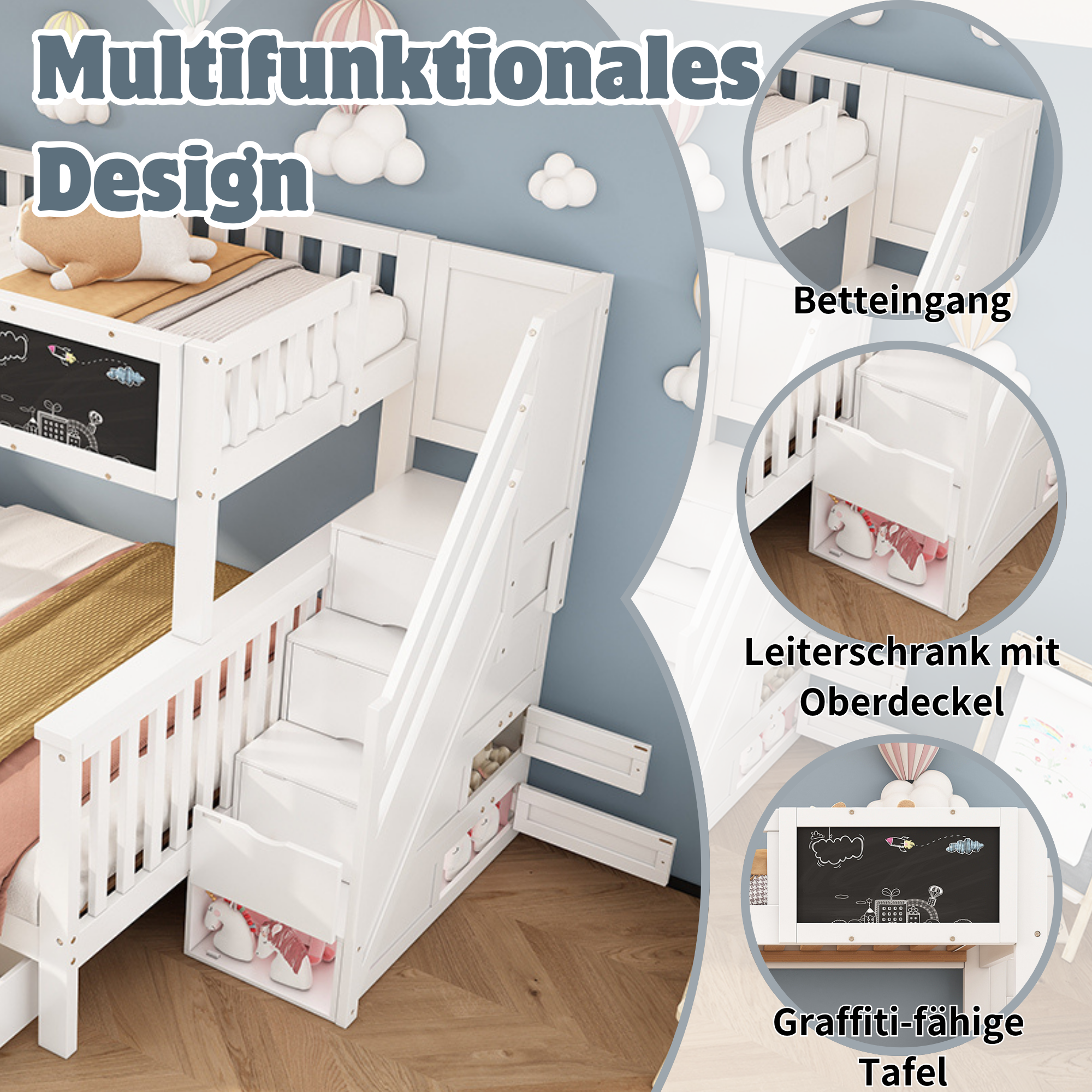 Lit superposé en pin massif avec tiroirs et escalier de rangement - 90x200cm + 140x200cm - Blanc - 5