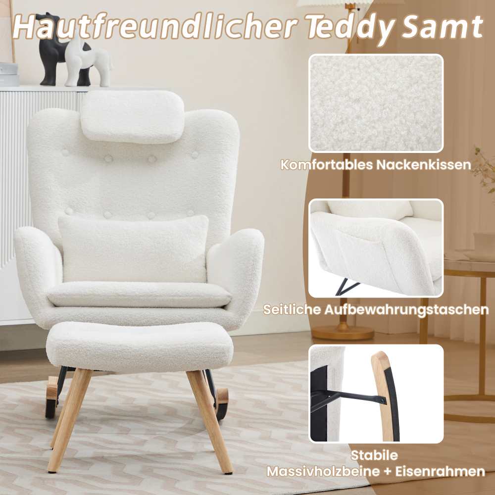 Fauteuil à bascule moderne blanc en tissu teddy avec repose-pieds, chaise de relaxation salon chambre confortable, capacité 100 kg - 5