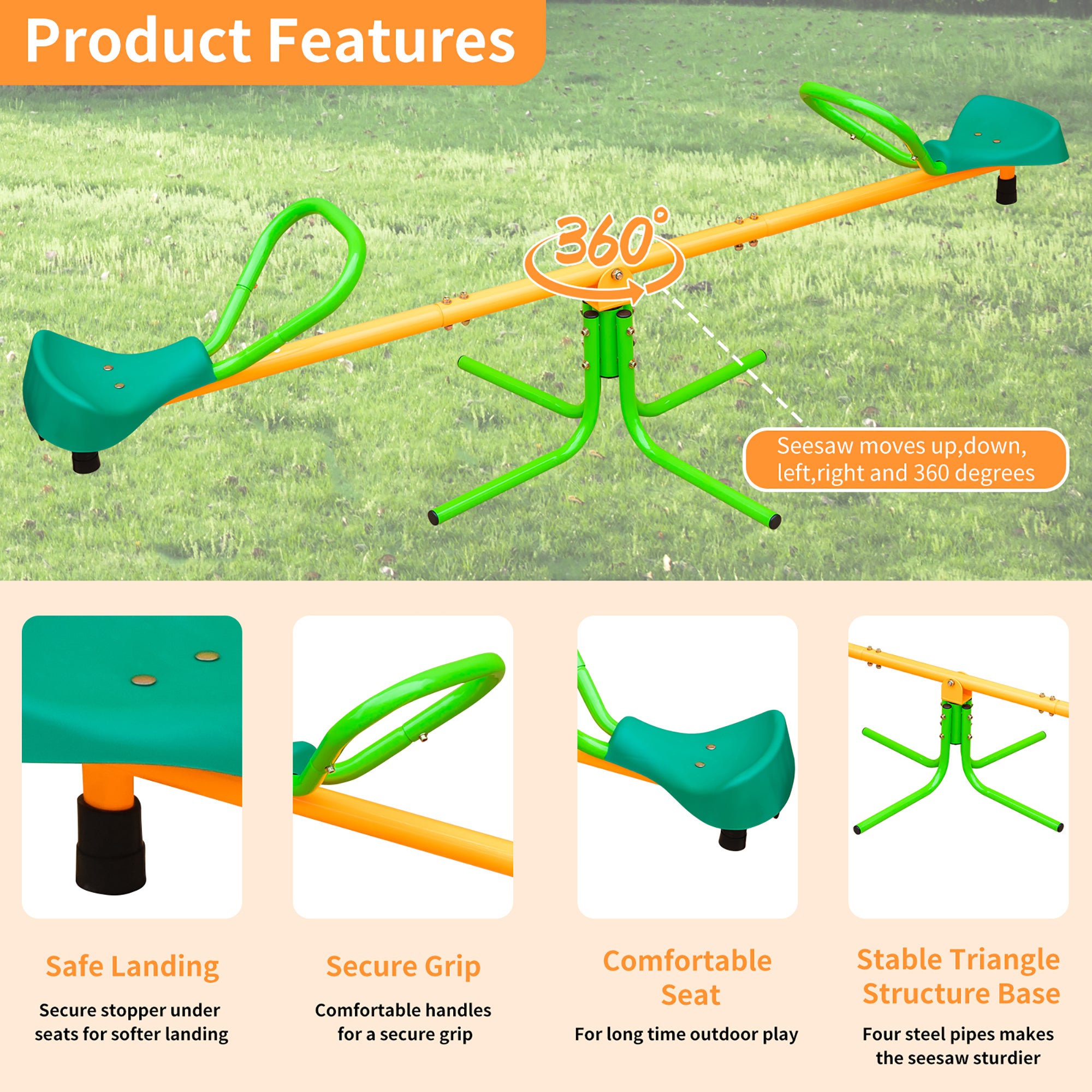 Balançoire double de 180,34 cm pour enfants, idéale pour les jeux d'extérieur, de jardin ou d'école. Antidérapante, coloris bicolore jaune et vert. - 7