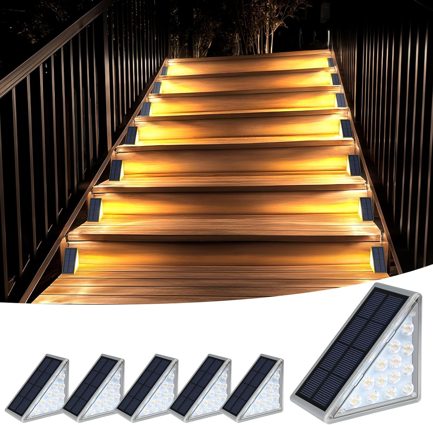 Zestaw 6 wodoodpornych lamp solarnych IP65 do schodów, patio, ganku i ogrodu – nowoczesna i funkcjonalna dekoracja zewnętrzna