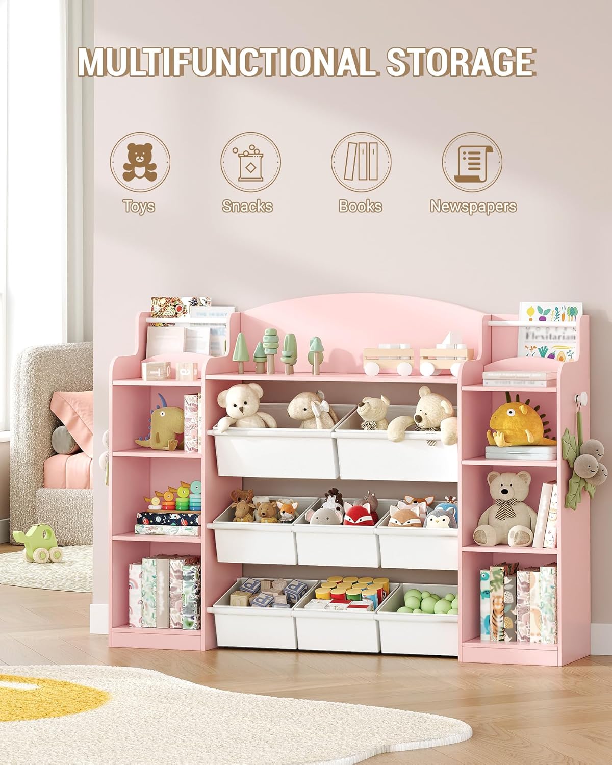Estante Infantil em Madeira com 8 Caixas em Tecido Não Tecido,Organizador de Brinquedos para Quarto Infantil, Sala de Estar ou Espaço de Estudo,Rosa - 3