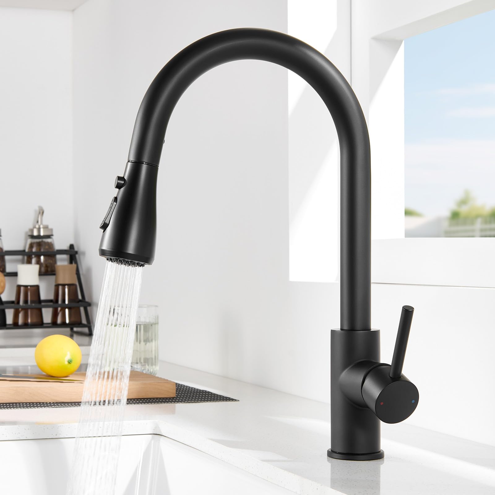 Czarny kran kuchenny, czarna bateria kuchenna z wyciąganą wylewką z 3 trybami natrysku, obrotowy o 360° kran kuchenny, łatwa instalacja