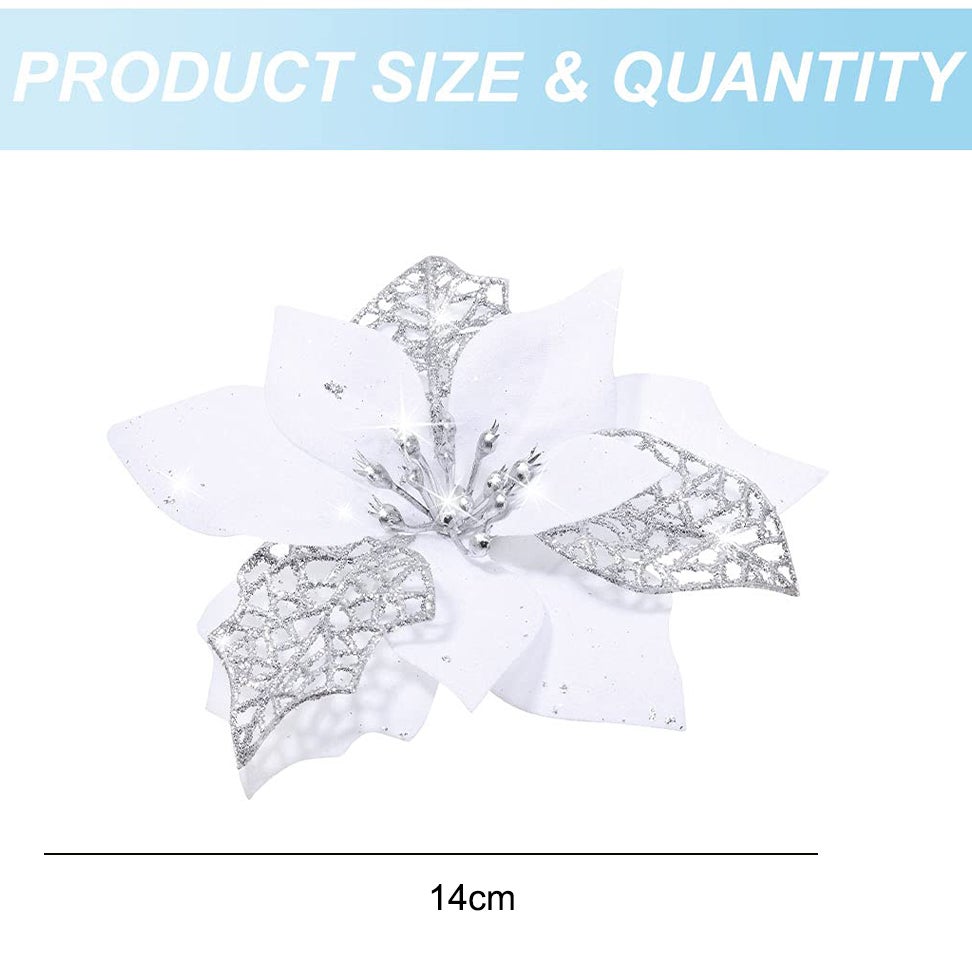 Lot de 10 décorations de Noël, fleurs artificielles scintillantes avec clips, décorations pour sapin de Noël, pendentifs de fleurs artificielles - 4