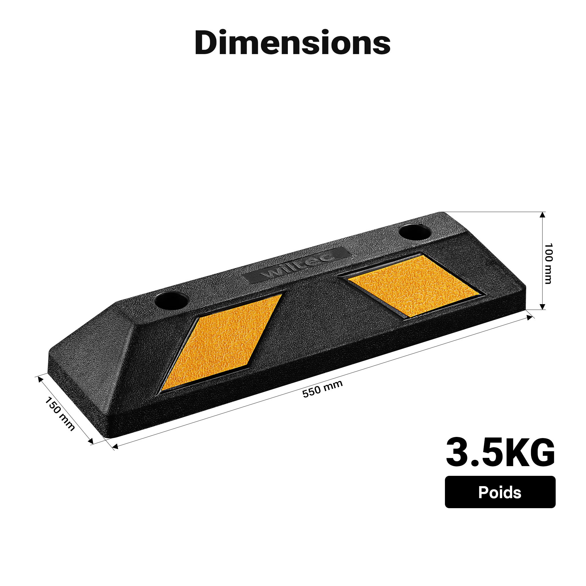 Wiltec Delimitatore di parcheggio, 2 battiruota in gomma 550x150x100mm con fasce rifrangenti, Fermaruota - 4