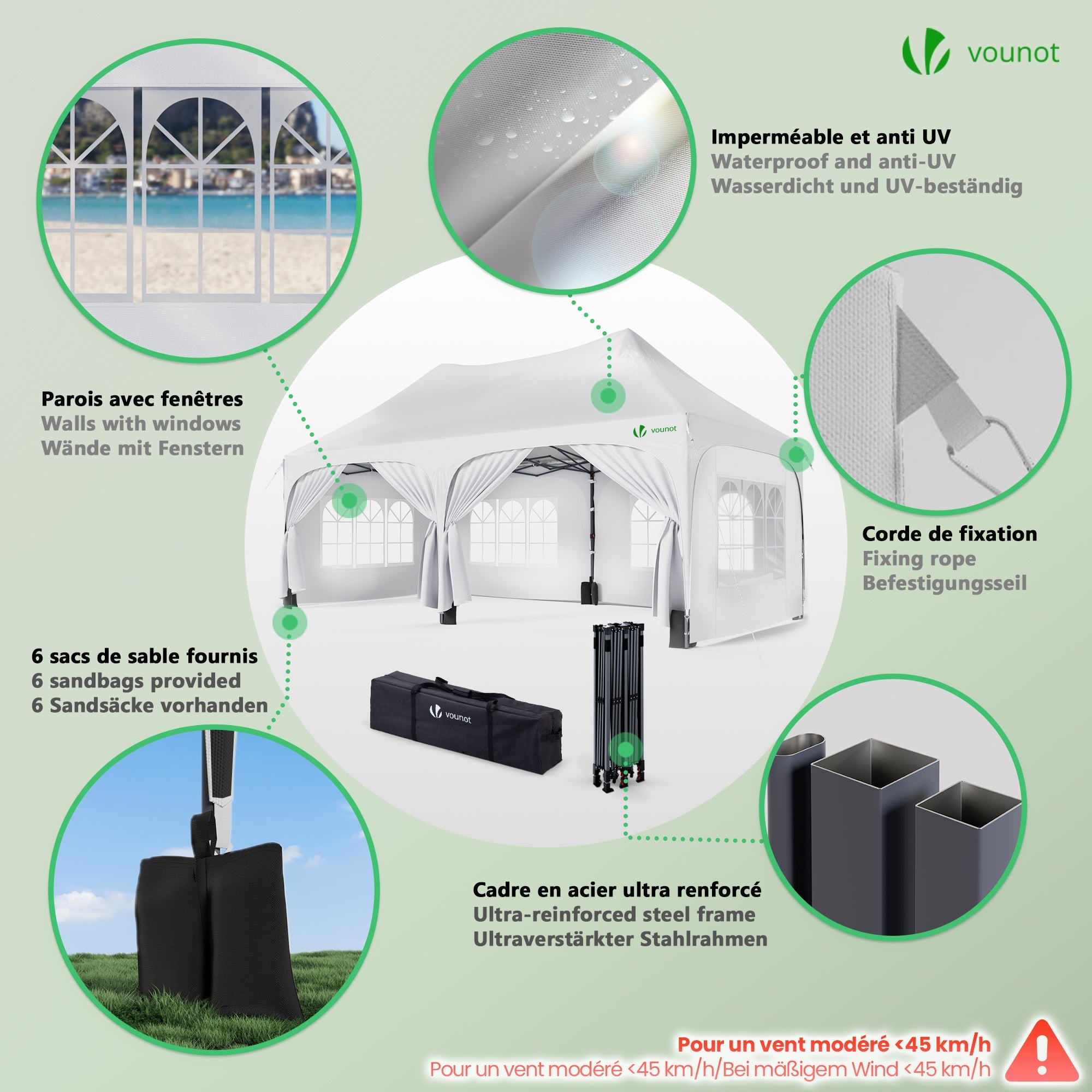 Tonnelle de jardin pliable 3x6m - Barnum réglable en hauteur avec 6 parois amovibles - Imperméable et anti-UV - Blanc - VOUNOT® - 6